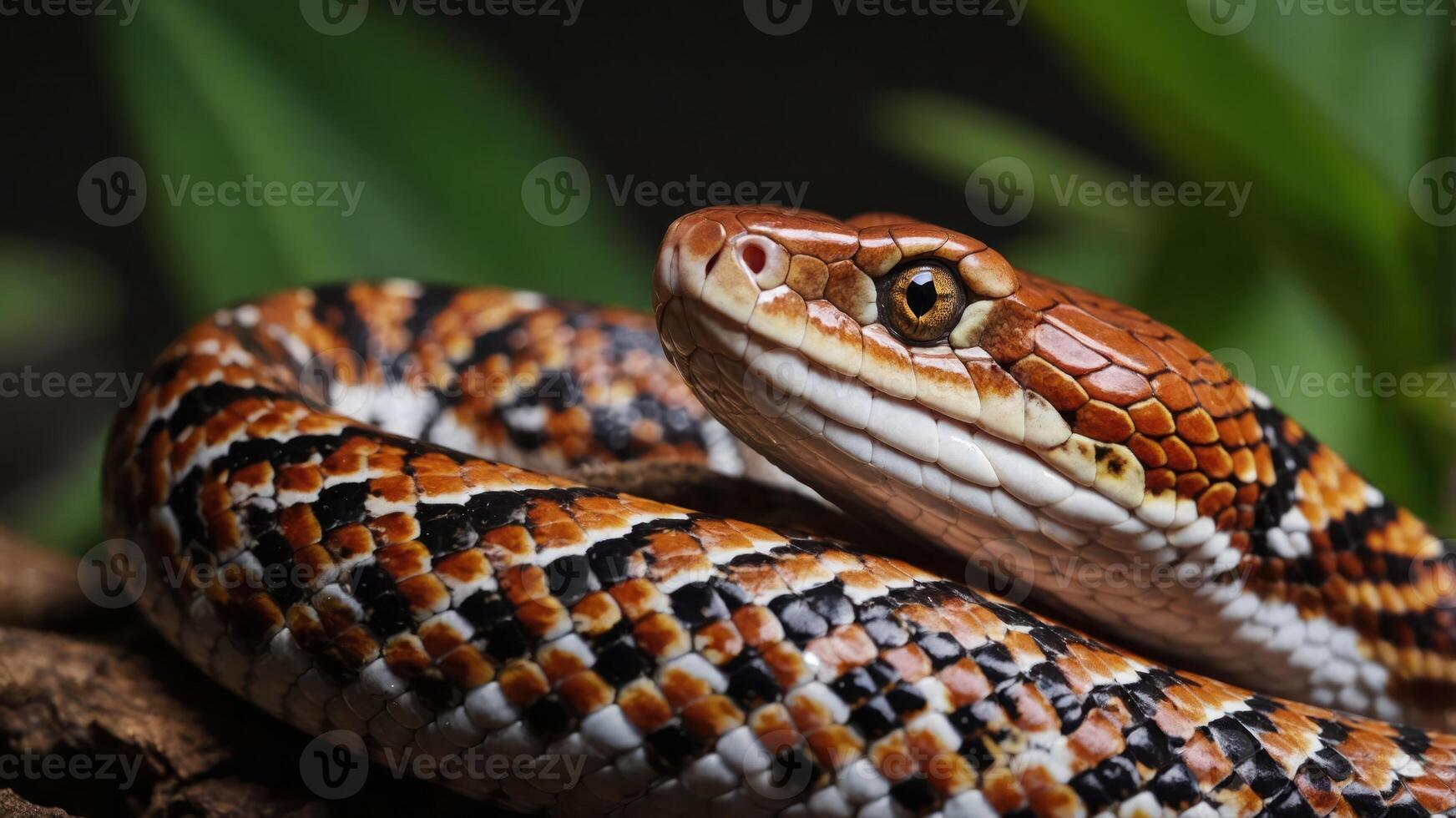 A close-up of a colorful snake resting on a branch, surrounded by green foliage. photo