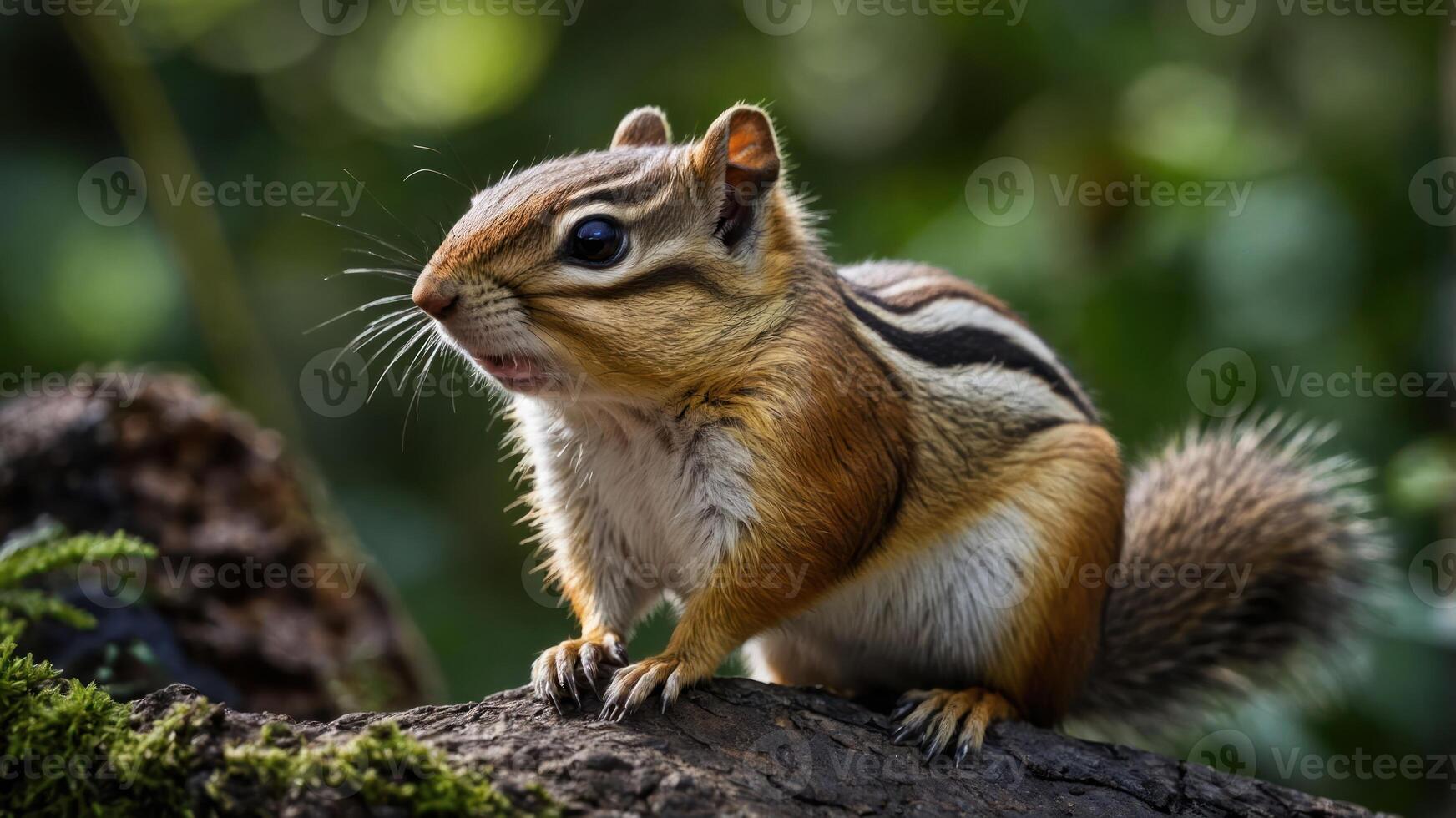 A close-up of a chipmunk perched on a log in a natural setting. photo