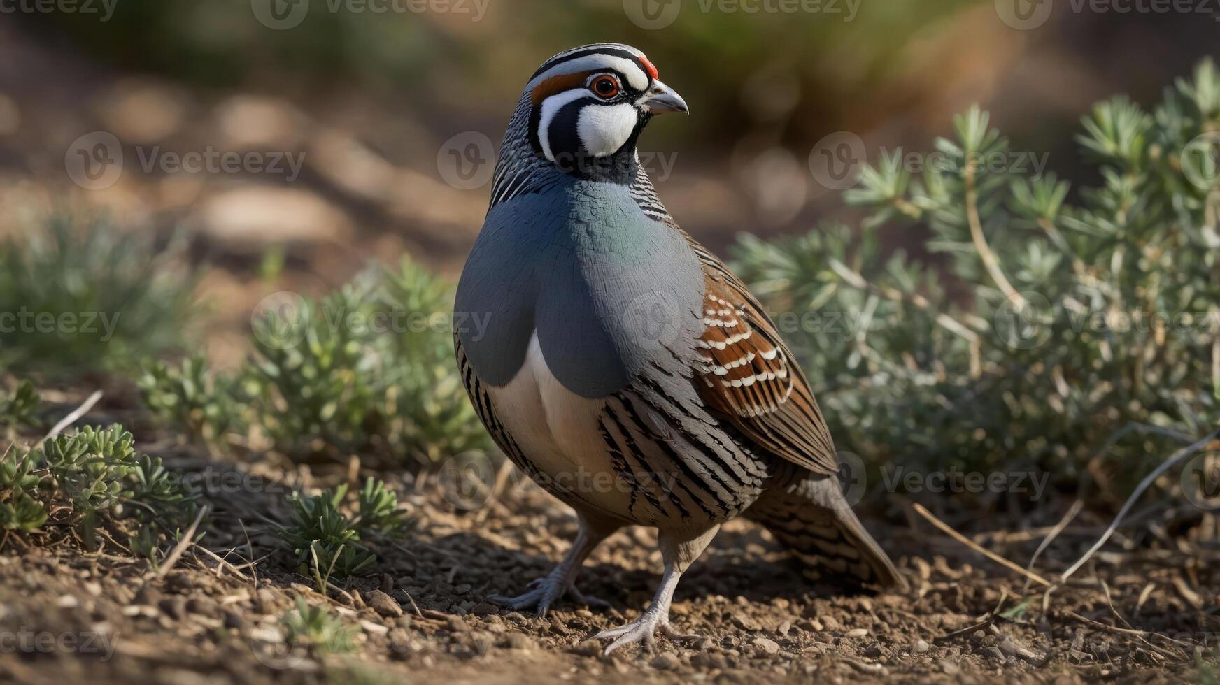 A close-up of a colorful bird standing on the ground amidst greenery. photo