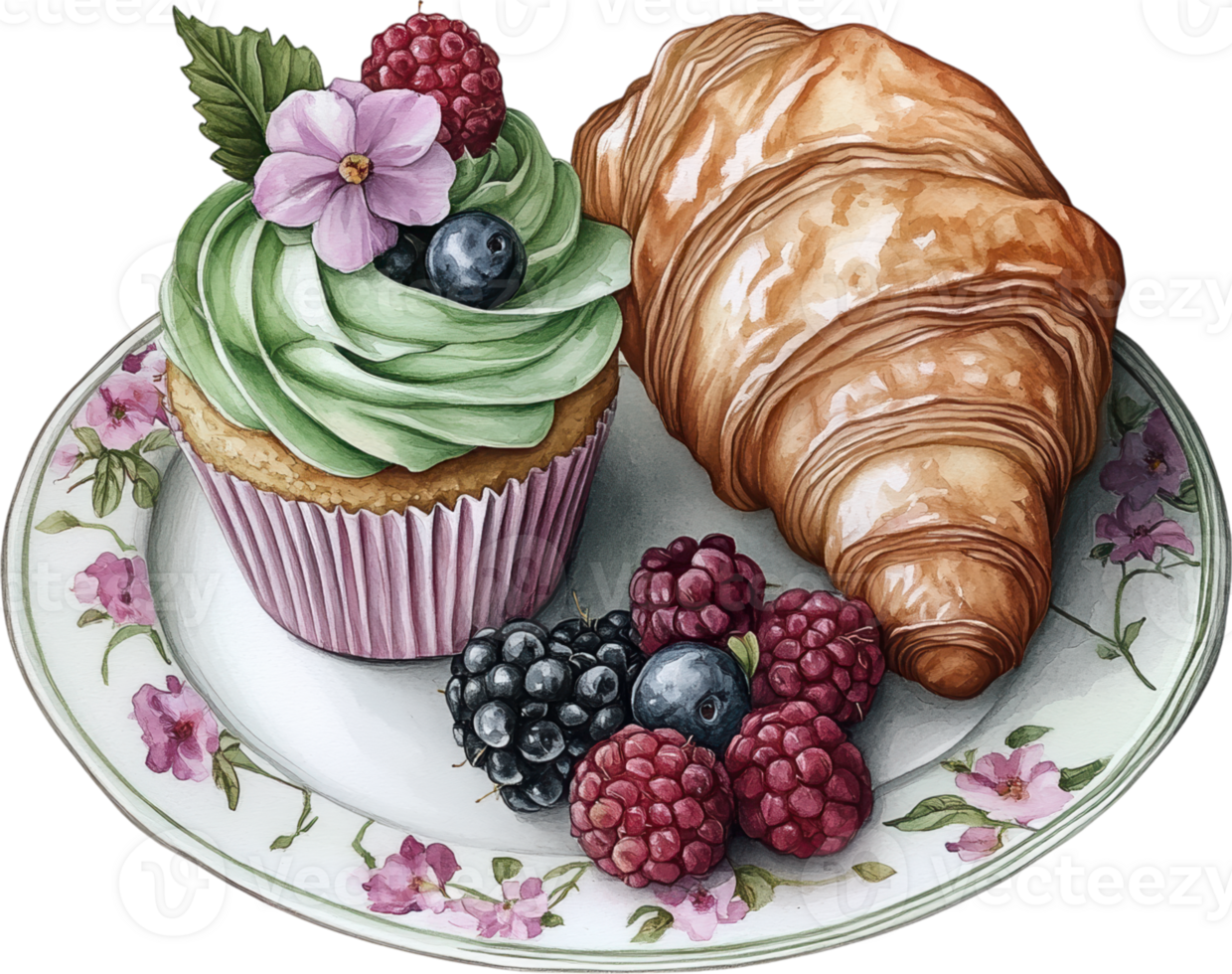Elegant Plate with Croissant, Cupcake, and Fresh Berries, Vintage Dessert Display png
