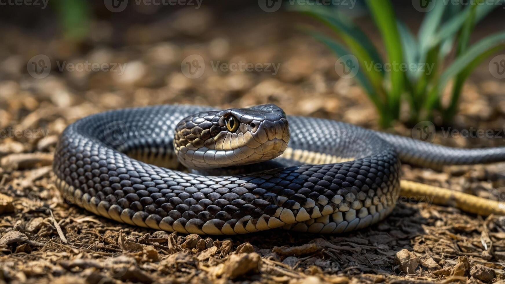 A close-up of a coiled snake resting on the ground among greenery. photo