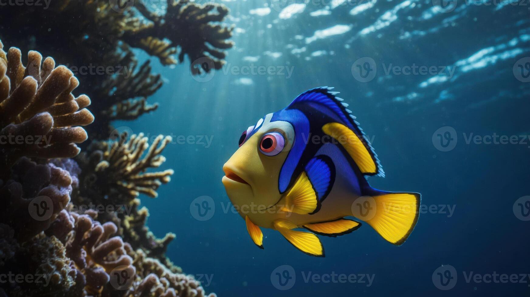 A vibrant underwater scene featuring a colorful fish swimming near coral reefs. photo