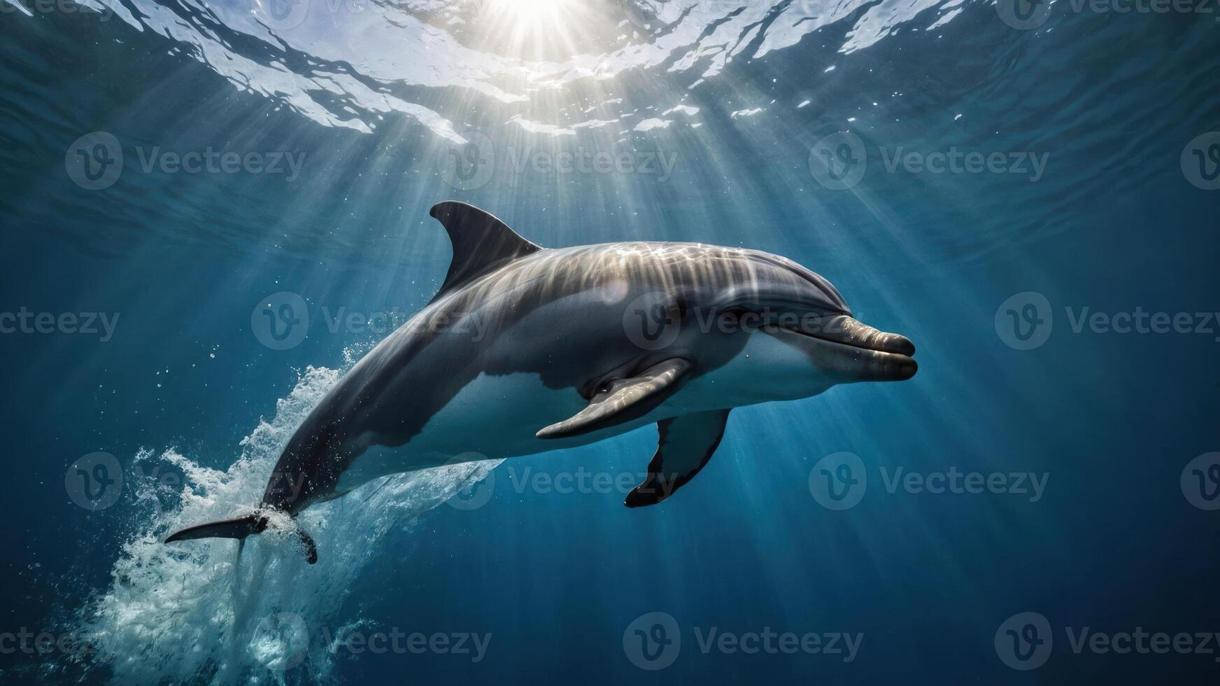 A dolphin swimming gracefully in clear blue waters, illuminated by sunlight. photo