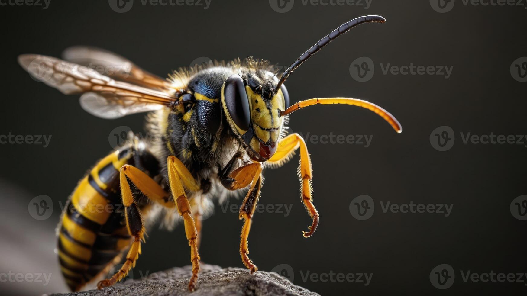 A close-up of a bee showcasing its detailed features and vibrant colors. photo