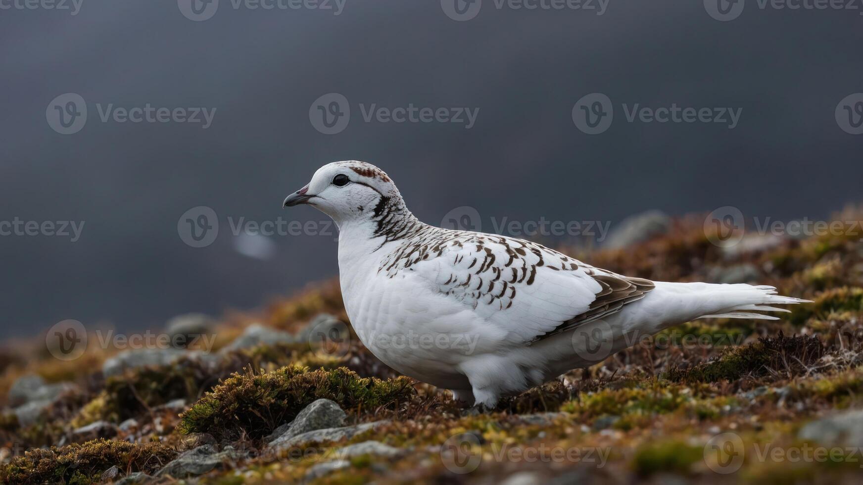 A white bird with brown markings stands on mossy ground in a misty environment. photo