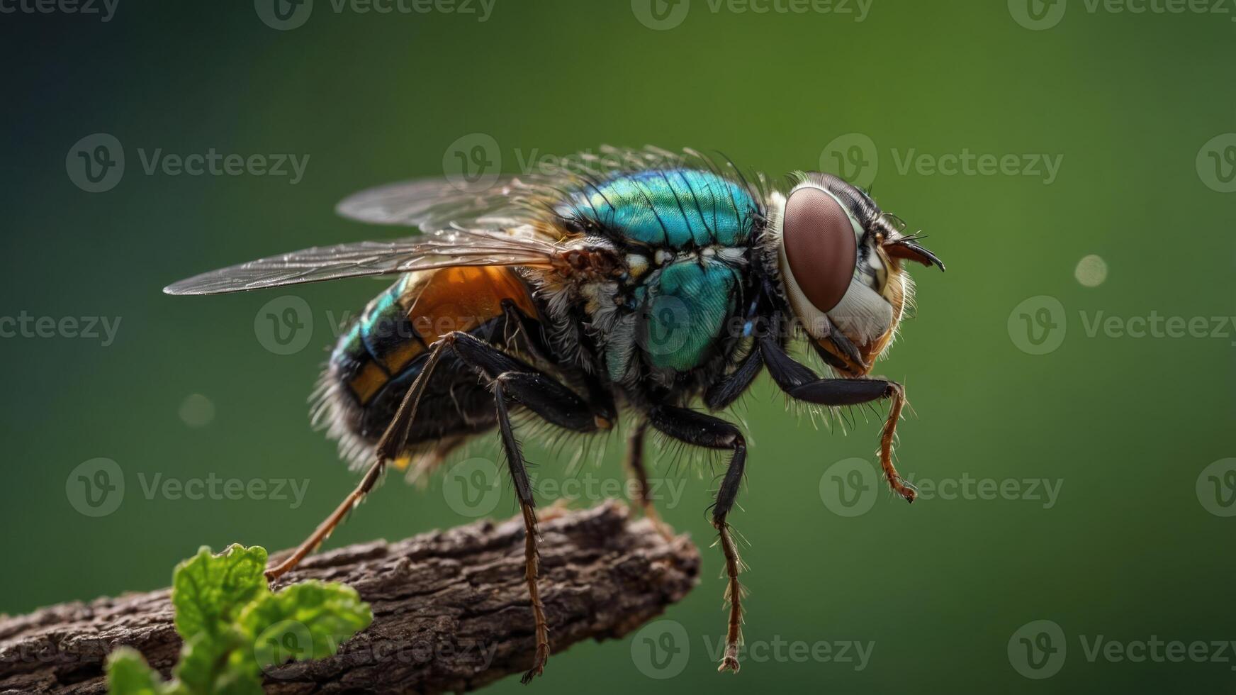 A close-up of a colorful fly perched on a branch with a blurred green background. photo
