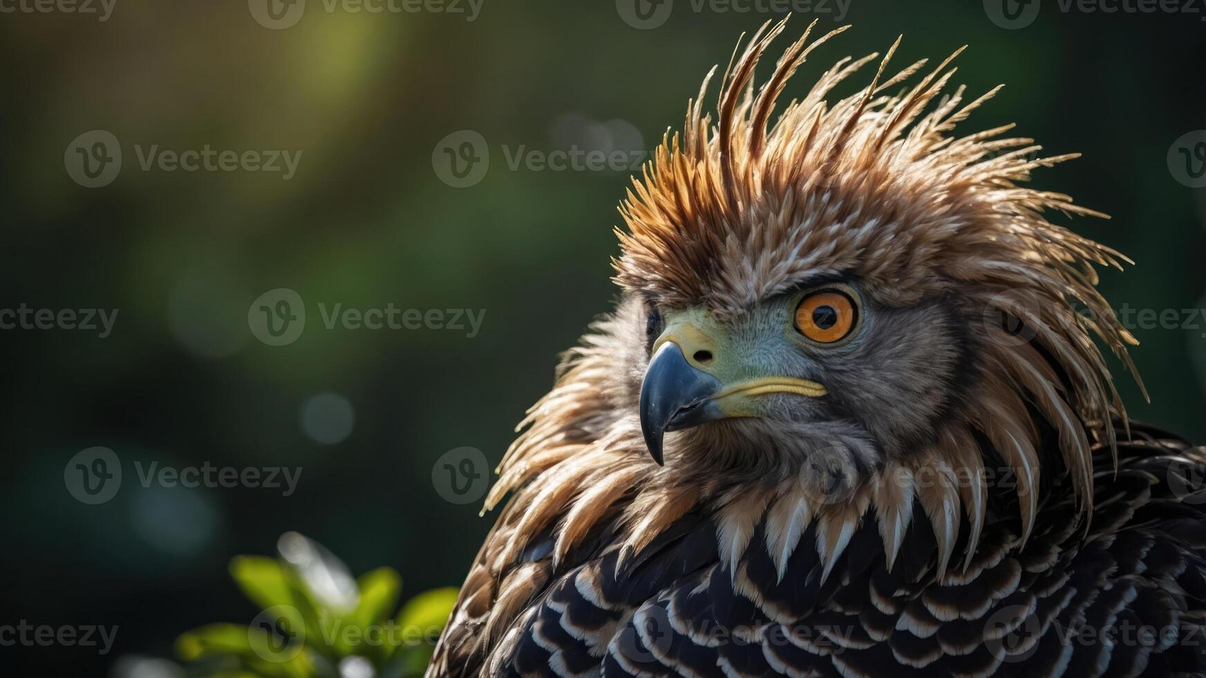 A close-up of a majestic hawk with striking feathers and intense eyes in natural light. photo