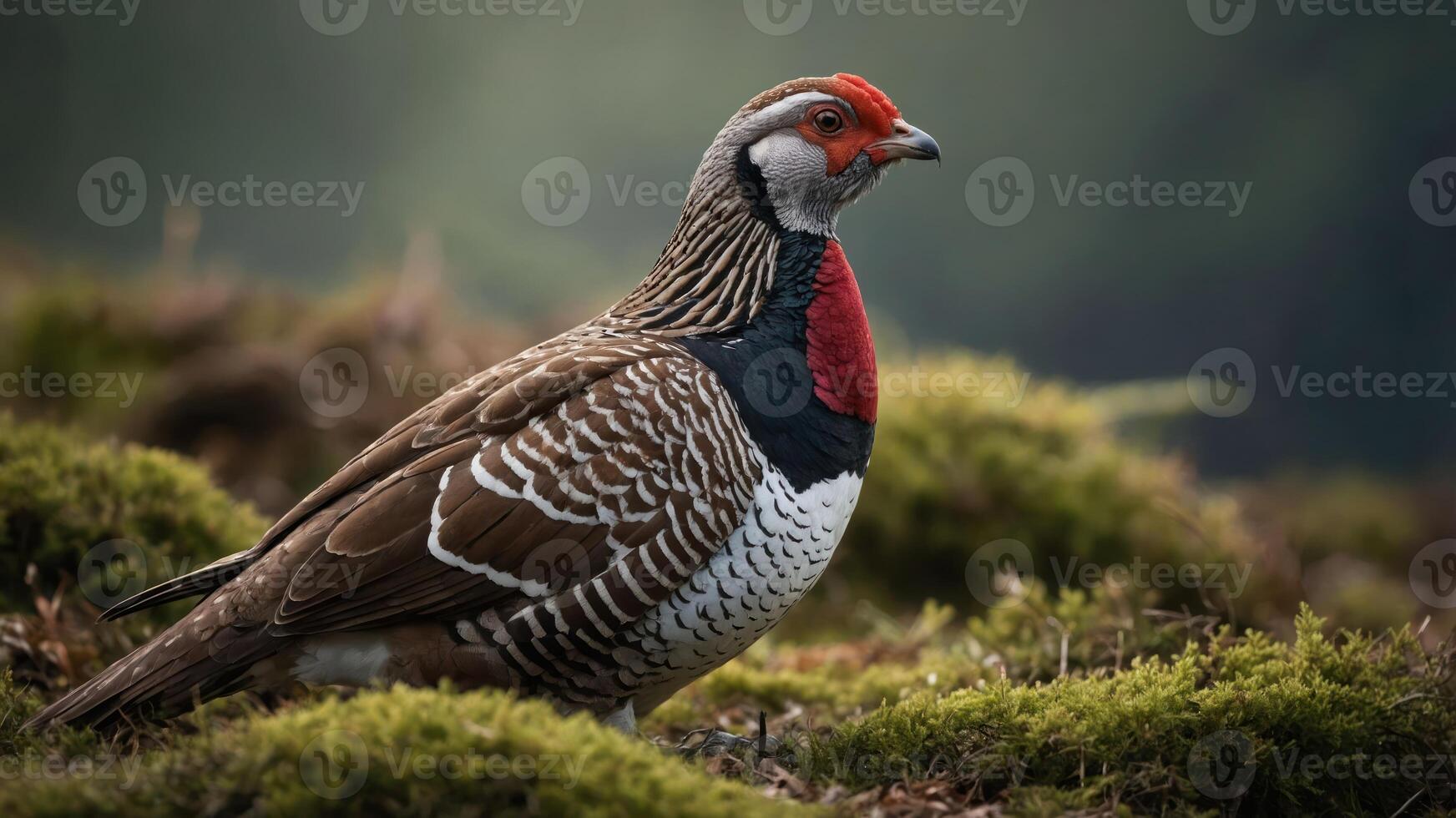 A close-up of a colorful bird standing on mossy ground in a natural setting. photo