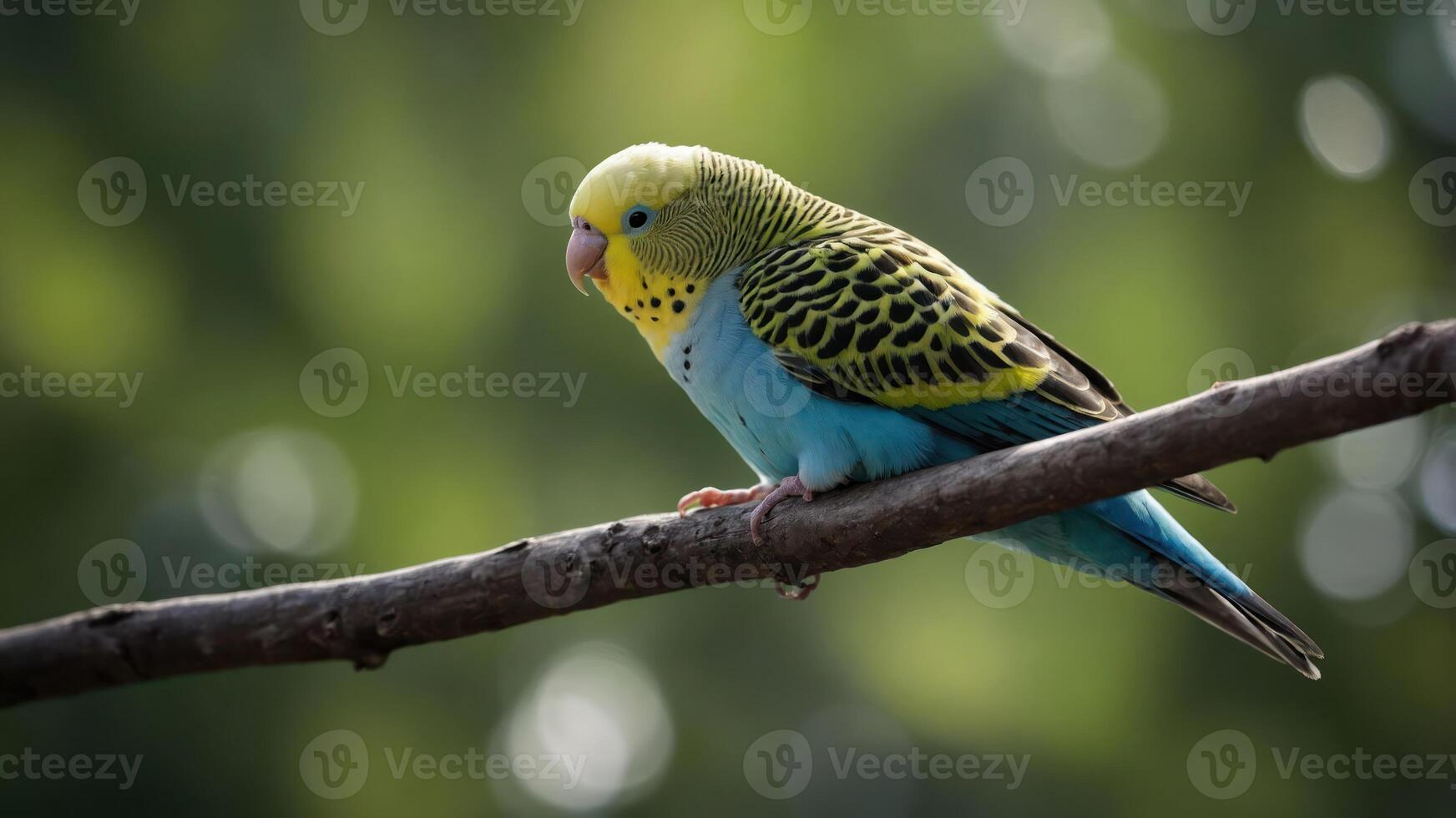 A colorful budgerigar perched on a branch, showcasing its vibrant plumage. photo