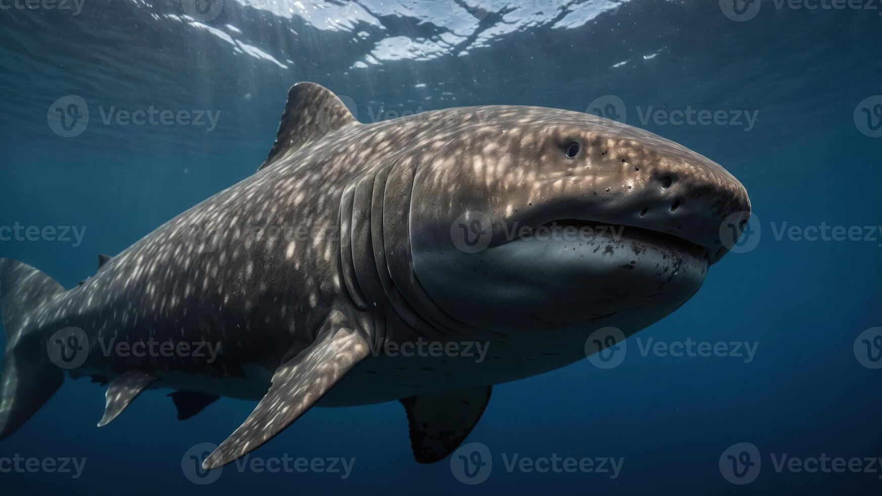 A close-up of a whale shark swimming underwater, showcasing its unique patterns and features. photo