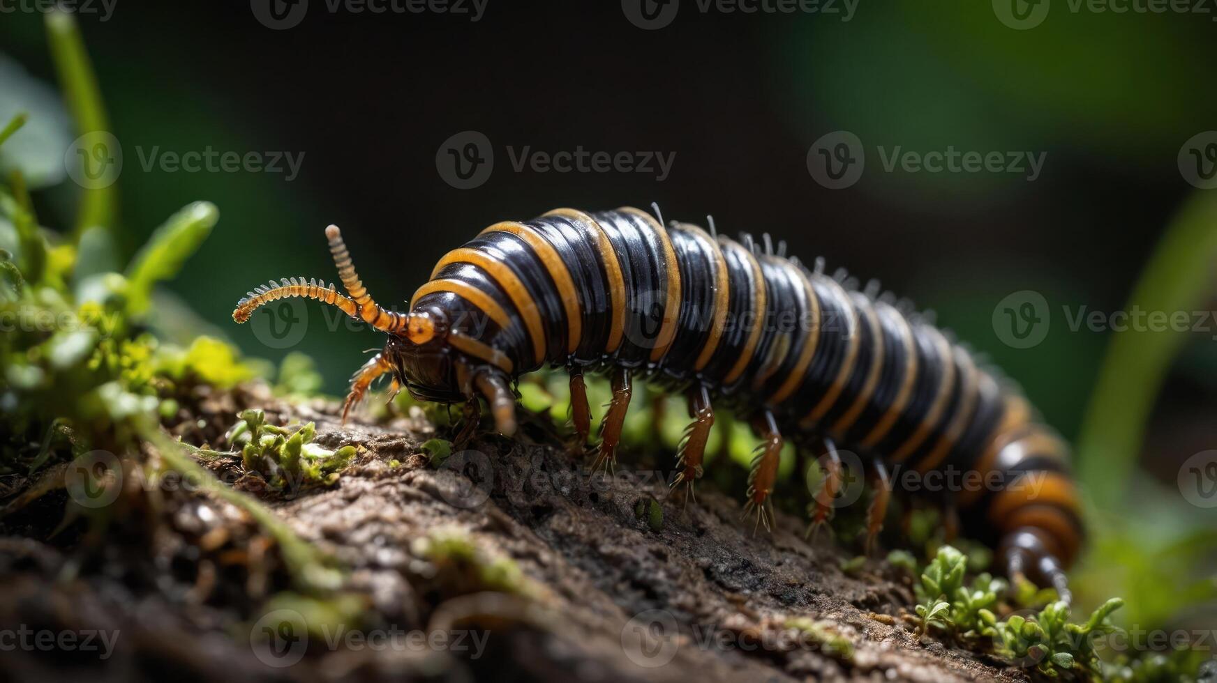 A close-up of a striped caterpillar on a mossy surface in a natural setting. photo