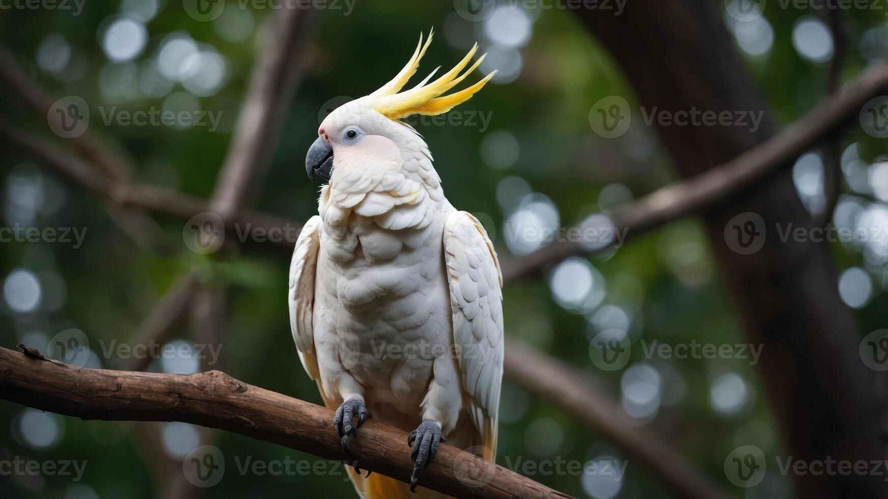 A white cockatoo with a yellow crest perched on a branch amidst a blurred green background. photo