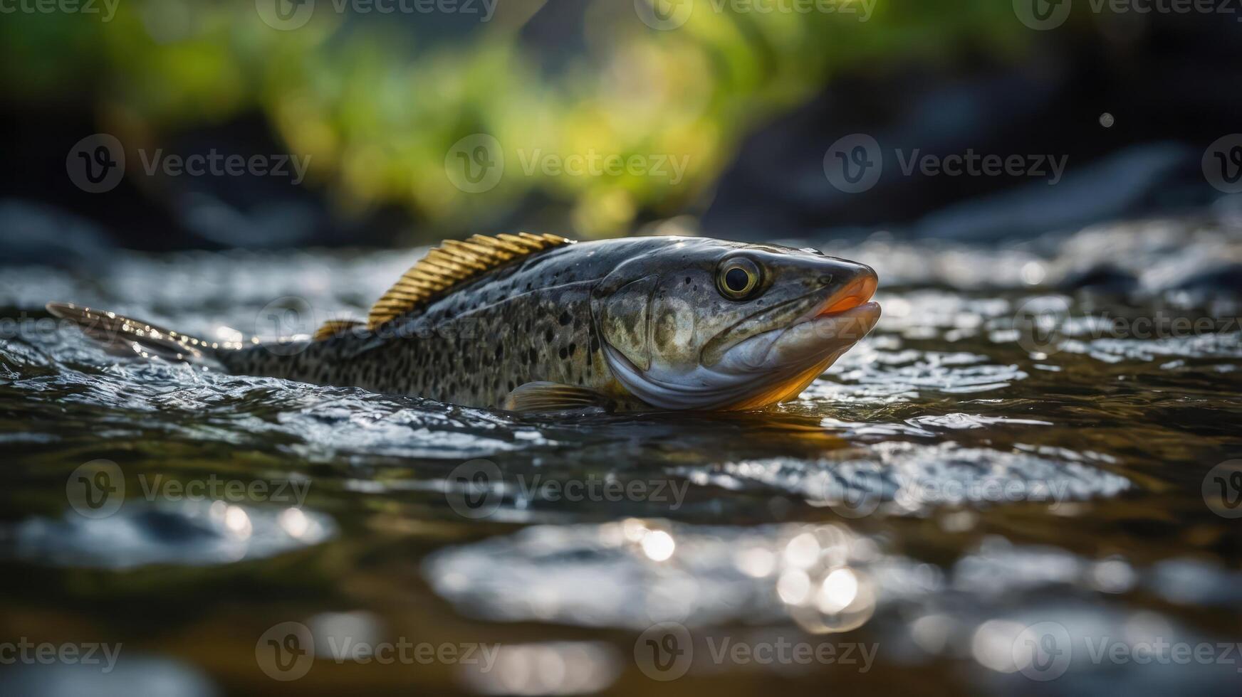 A close-up of a fish swimming in a clear stream, showcasing its vibrant colors and details. photo