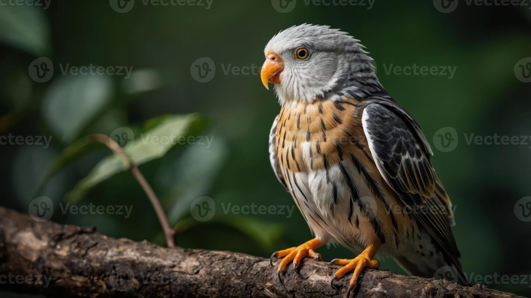 A striking bird perched on a branch, showcasing its vibrant plumage and keen expression. photo