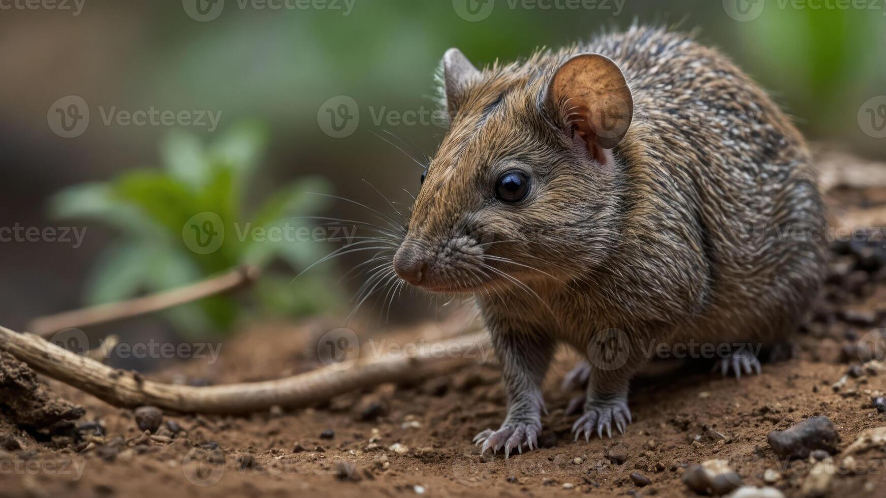 A close-up of a small rodent on the ground, highlighting its features and habitat. photo