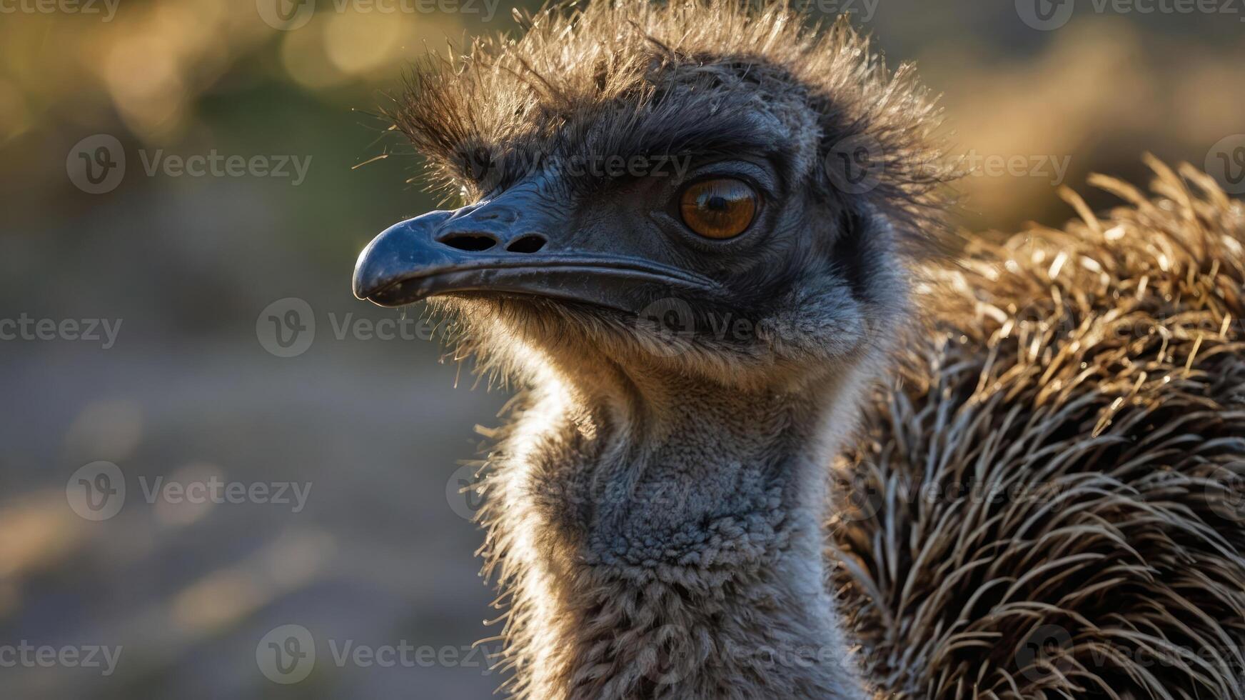 Close-up of an emu showcasing its distinctive features and textured feathers. photo