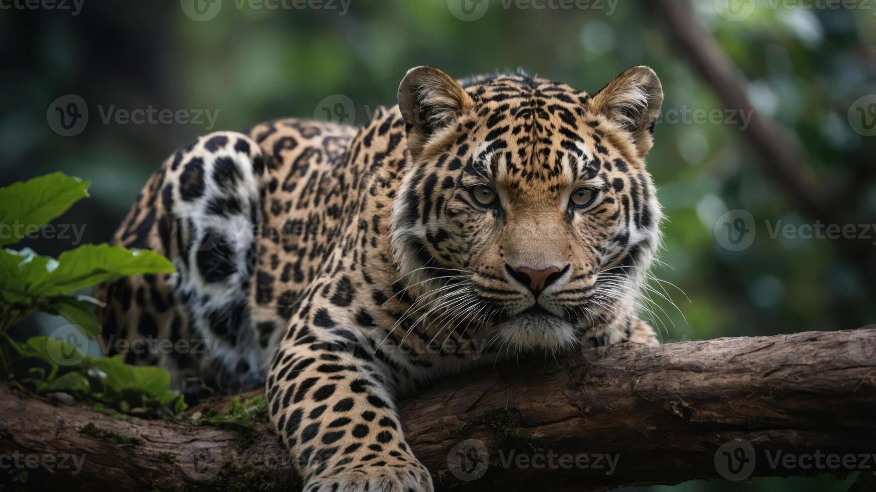 A close-up of a resting jaguar on a tree branch in a lush, green environment. photo