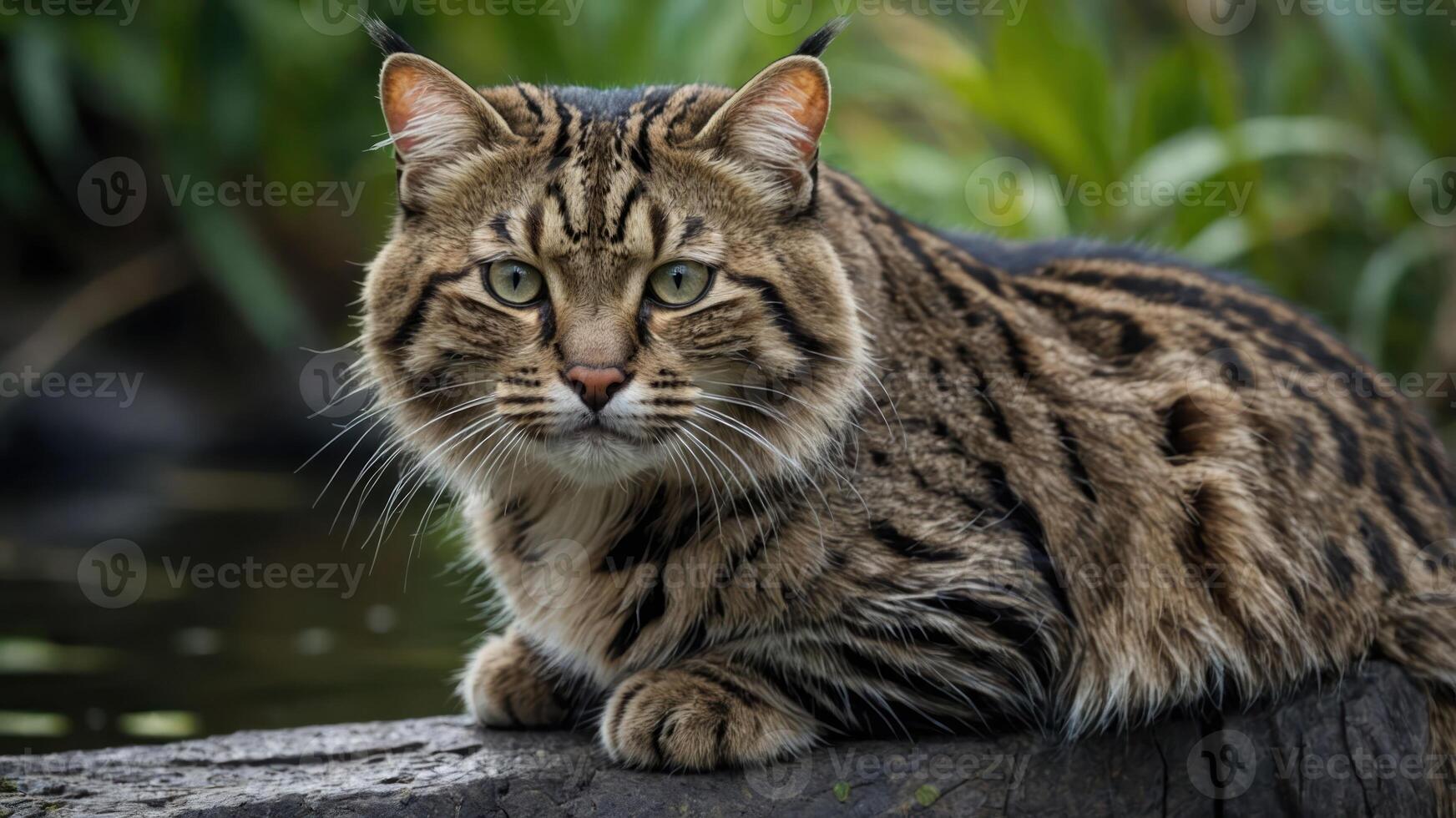 A close-up of a wild cat resting on a log near water, showcasing its striking fur pattern. photo