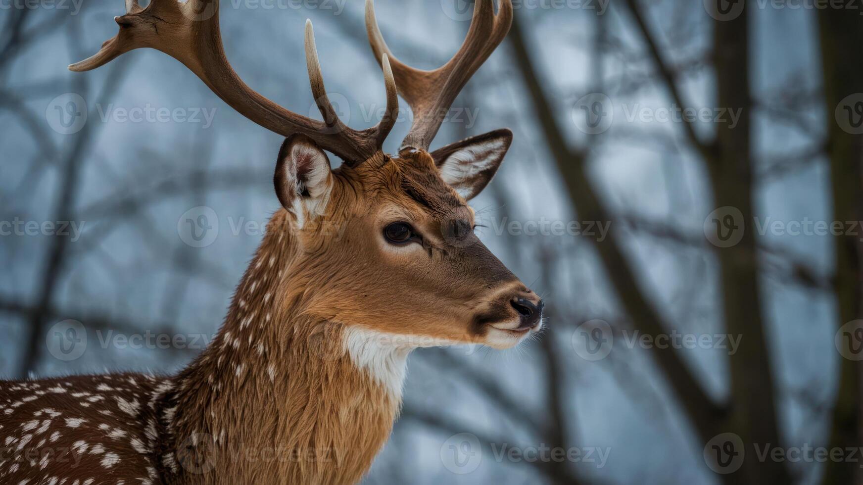 A close-up of a deer with antlers in a winter forest setting. photo