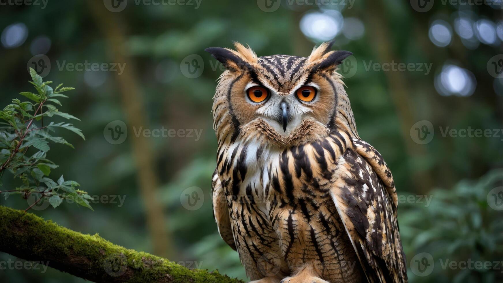 A majestic owl perched on a branch, showcasing its striking orange eyes and detailed feathers. photo