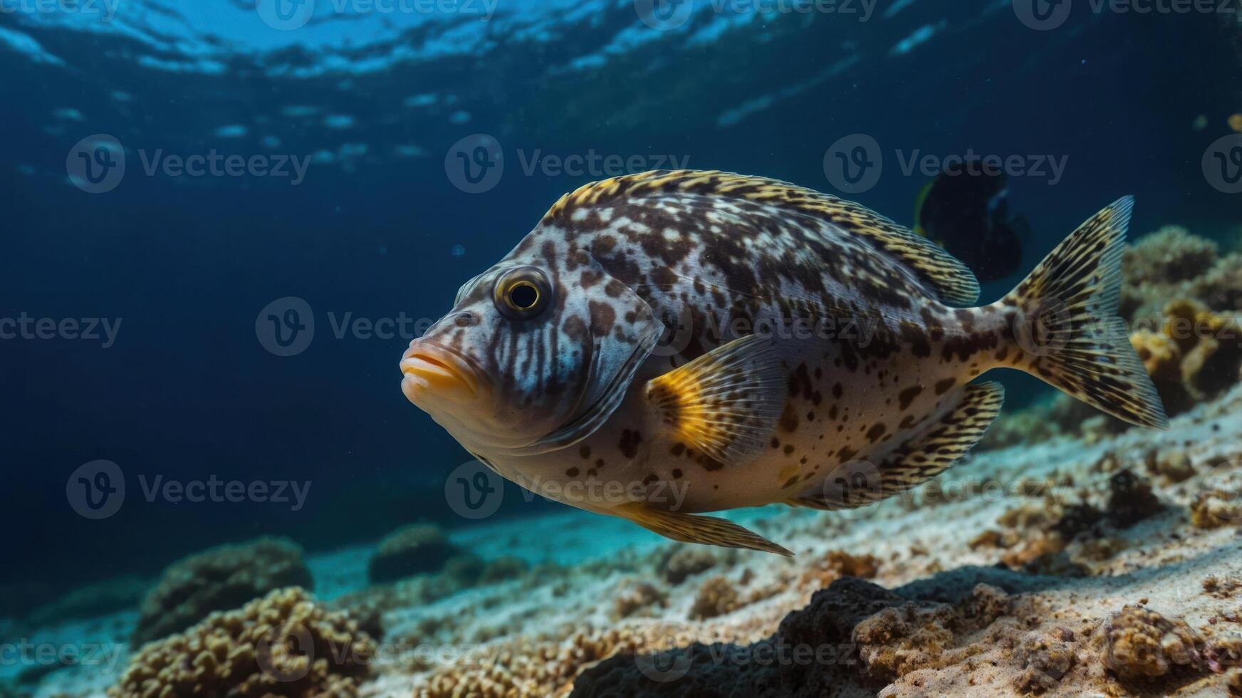 A close-up of a spotted fish swimming near coral on the ocean floor. photo