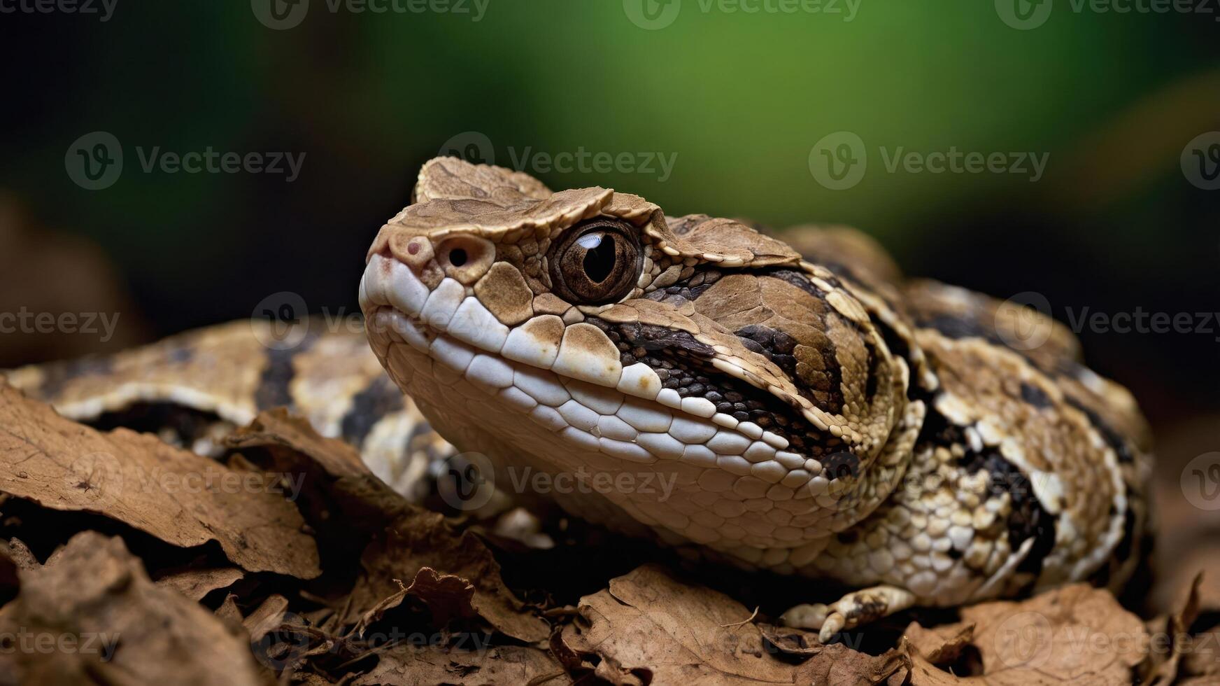 A close-up of a snake resting on dry leaves in a natural environment. photo