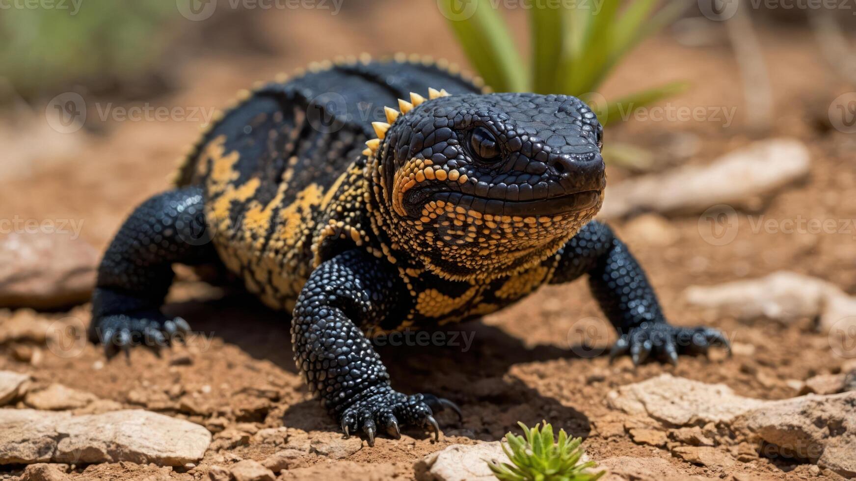 A close-up of a textured lizard with black and yellow patterns on a rocky terrain. photo