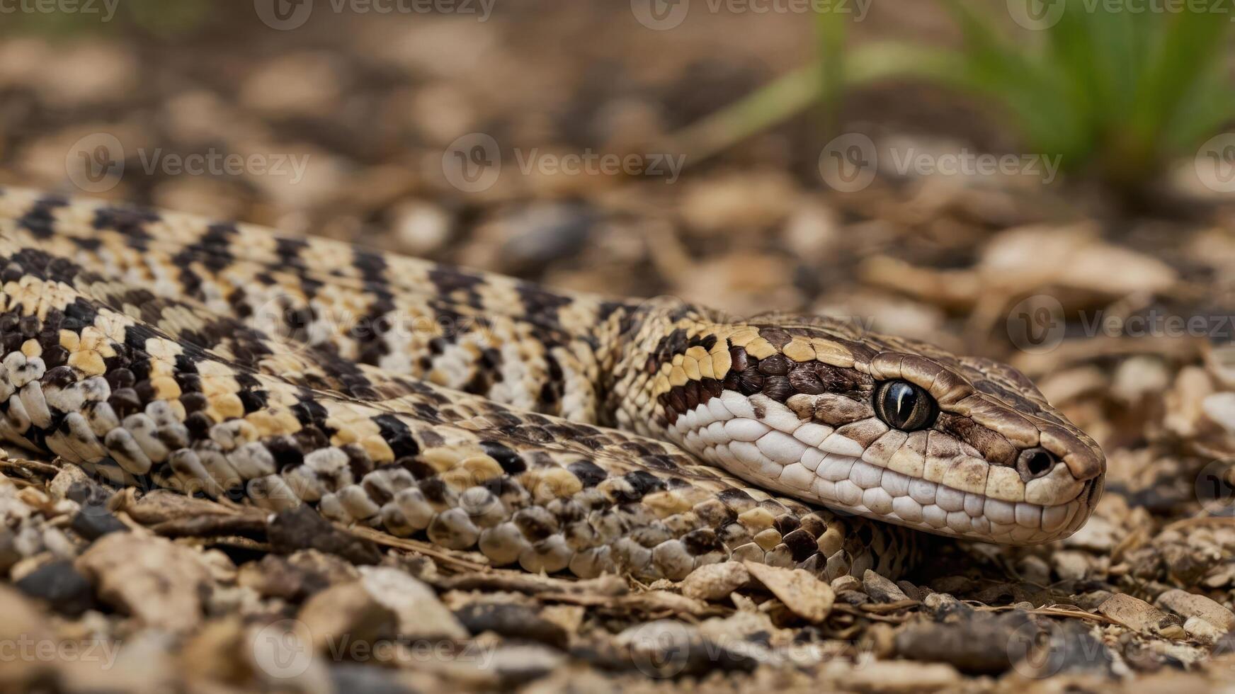 A close-up of a patterned snake resting on the ground. photo