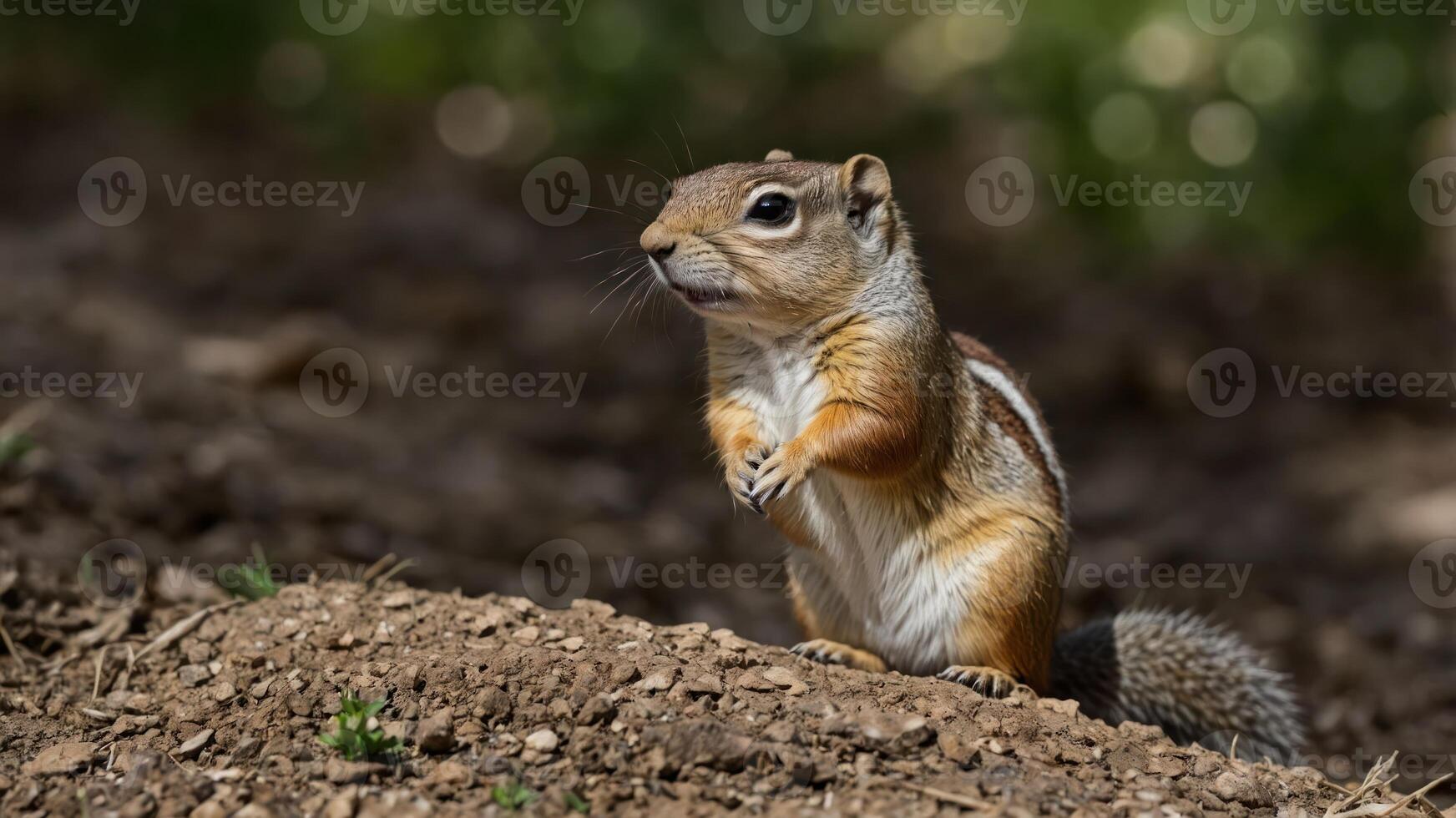 A close-up of a squirrel standing on a dirt mound, showcasing its features in a natural setting. photo