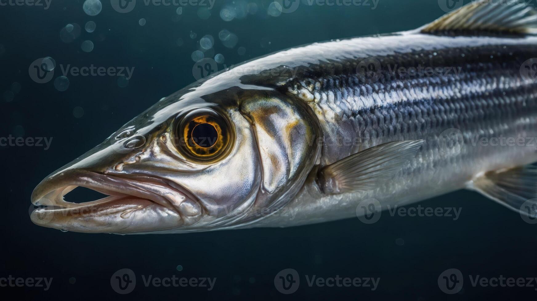 Close-up of a fish showcasing its iridescent scales and detailed features underwater. photo