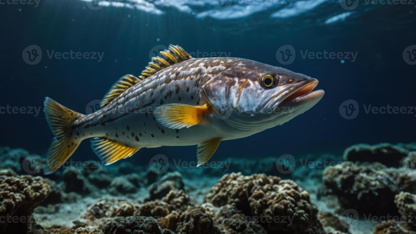A vibrant fish swimming among coral in a serene underwater environment. photo