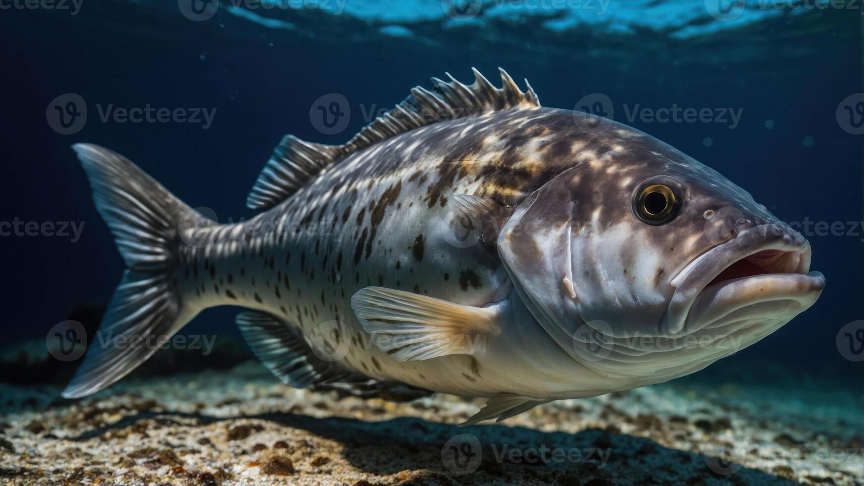 A close-up of a speckled fish swimming in clear ocean water. photo