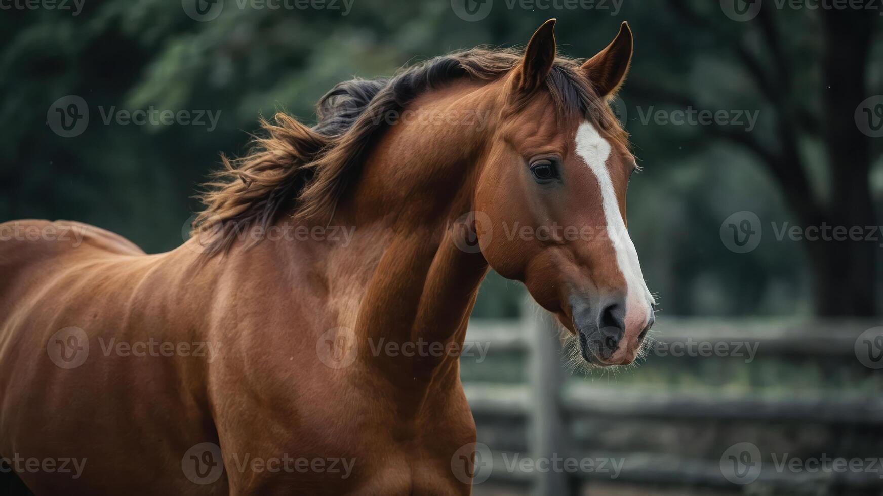 A close-up of a majestic brown horse with a flowing mane in a natural setting. photo