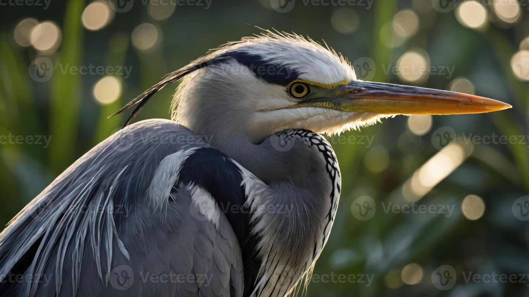 A close-up of a heron with a blurred background of light and greenery. photo