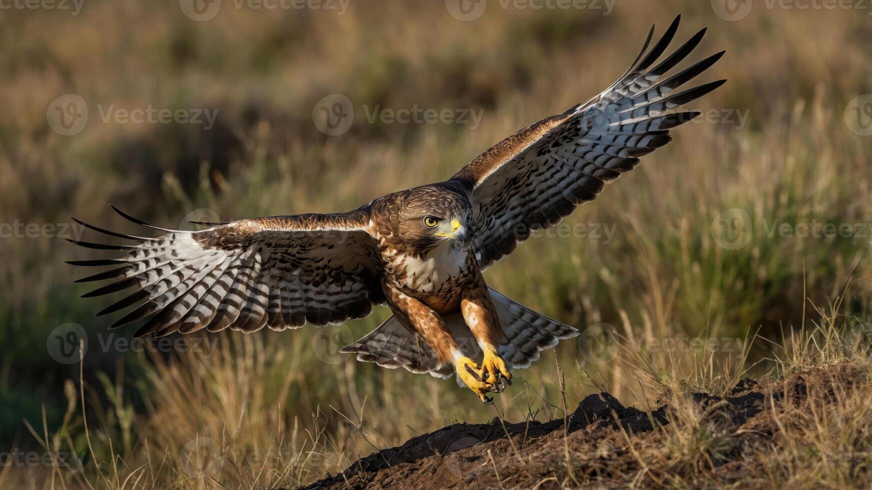 A hawk in mid-flight, showcasing its wingspan and hunting prowess in a natural setting. photo