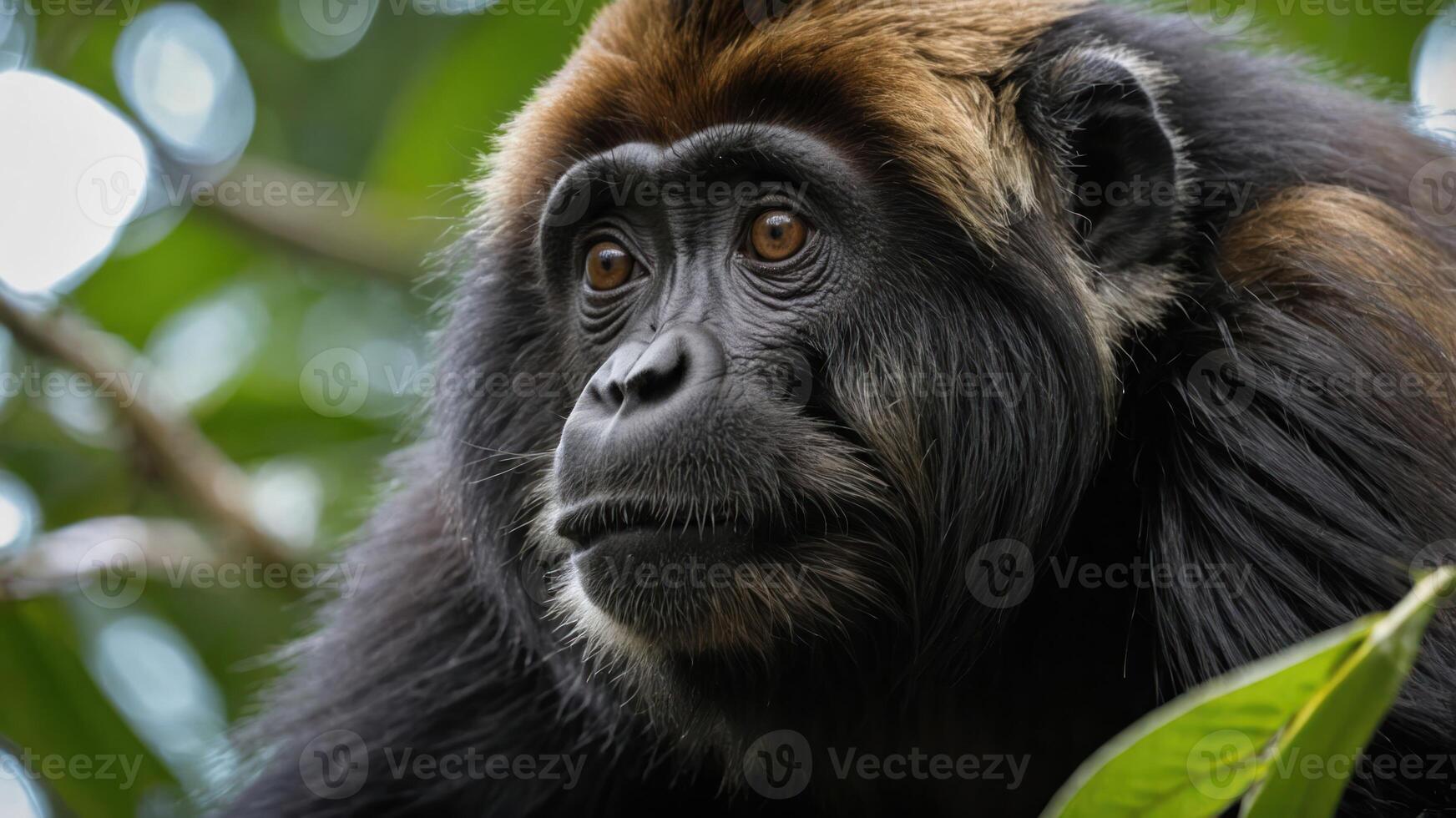 A close-up of a howler monkey, showcasing its expressive face amidst lush foliage. photo