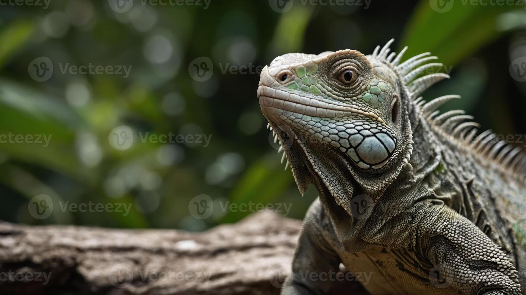 A close-up of a green iguana resting on a branch amidst lush foliage. photo