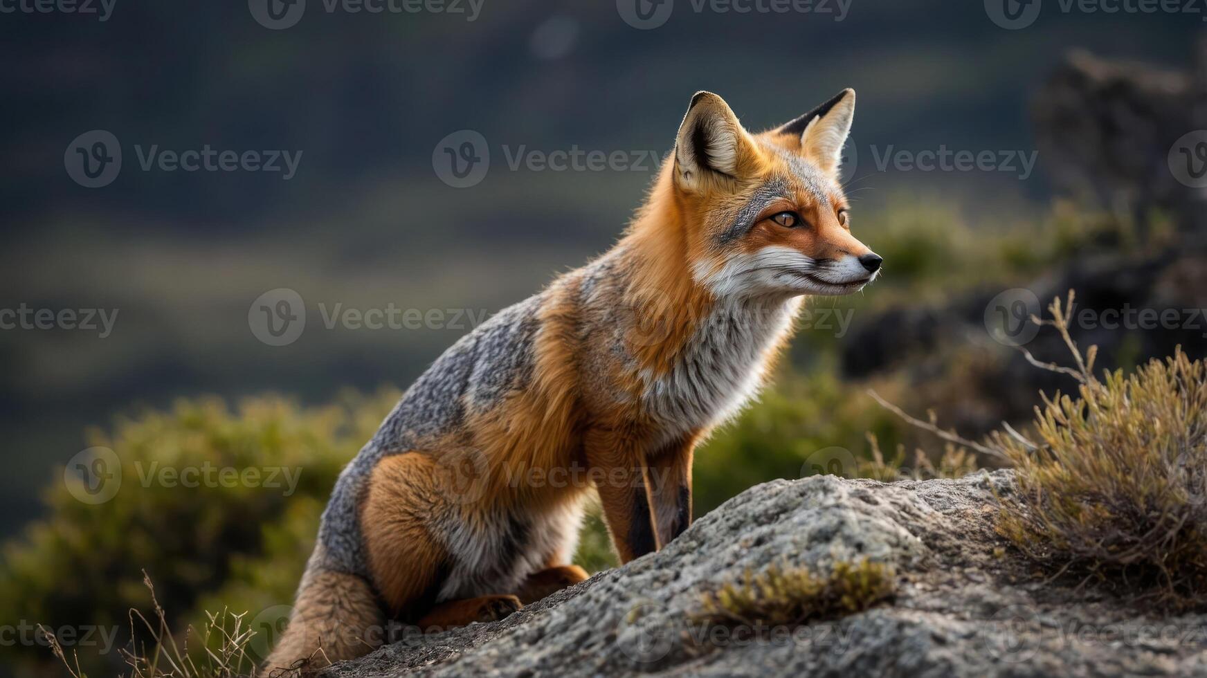A majestic fox sits on a rock, showcasing its vibrant fur and alert demeanor in nature. photo