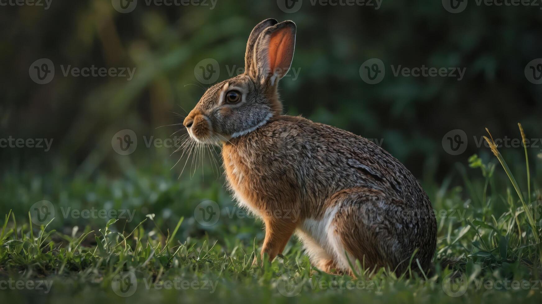 A rabbit sitting on grass in a natural setting during golden hour. photo