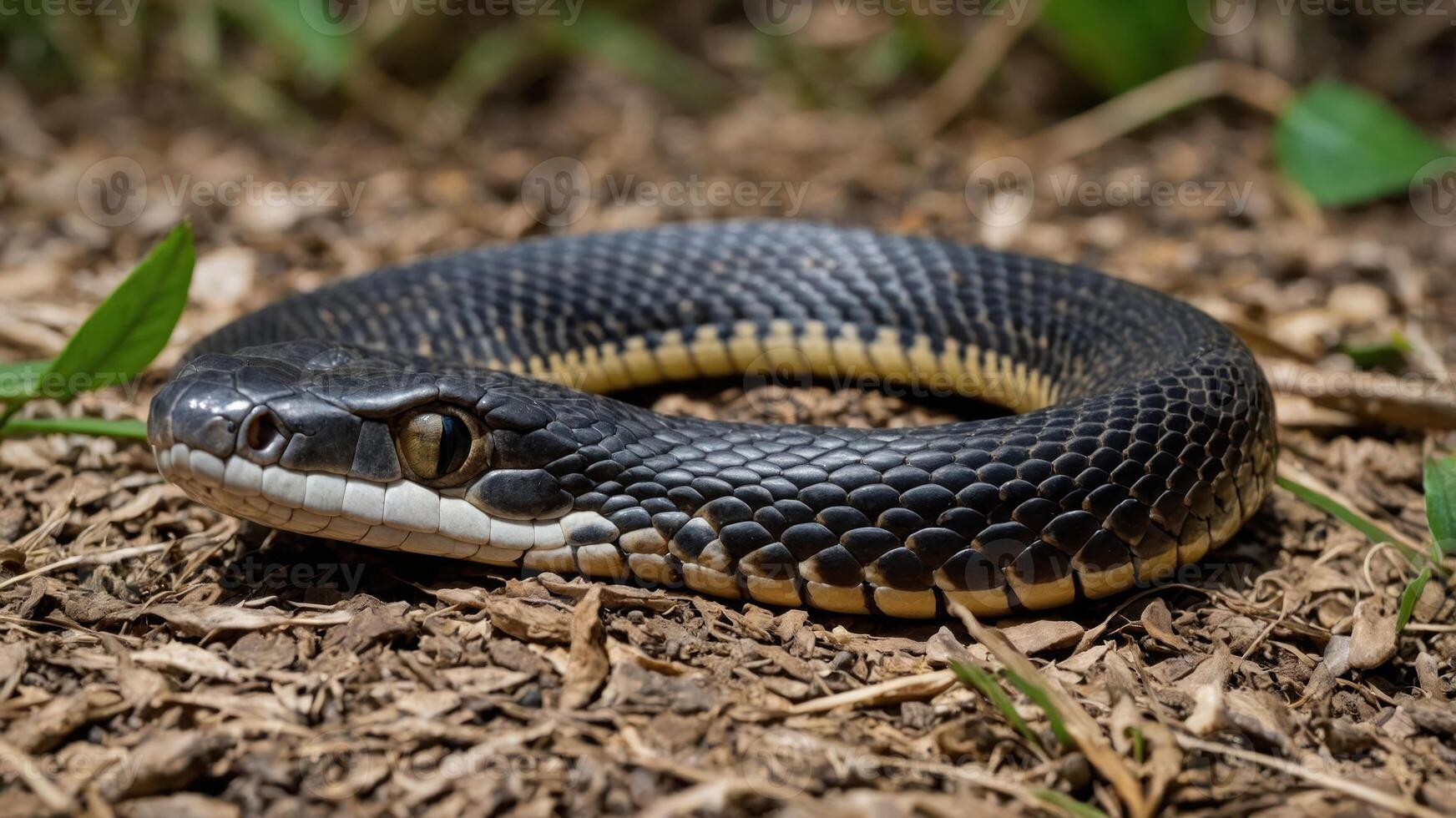 A close-up of a coiled snake resting on the ground among leaves and soil. photo
