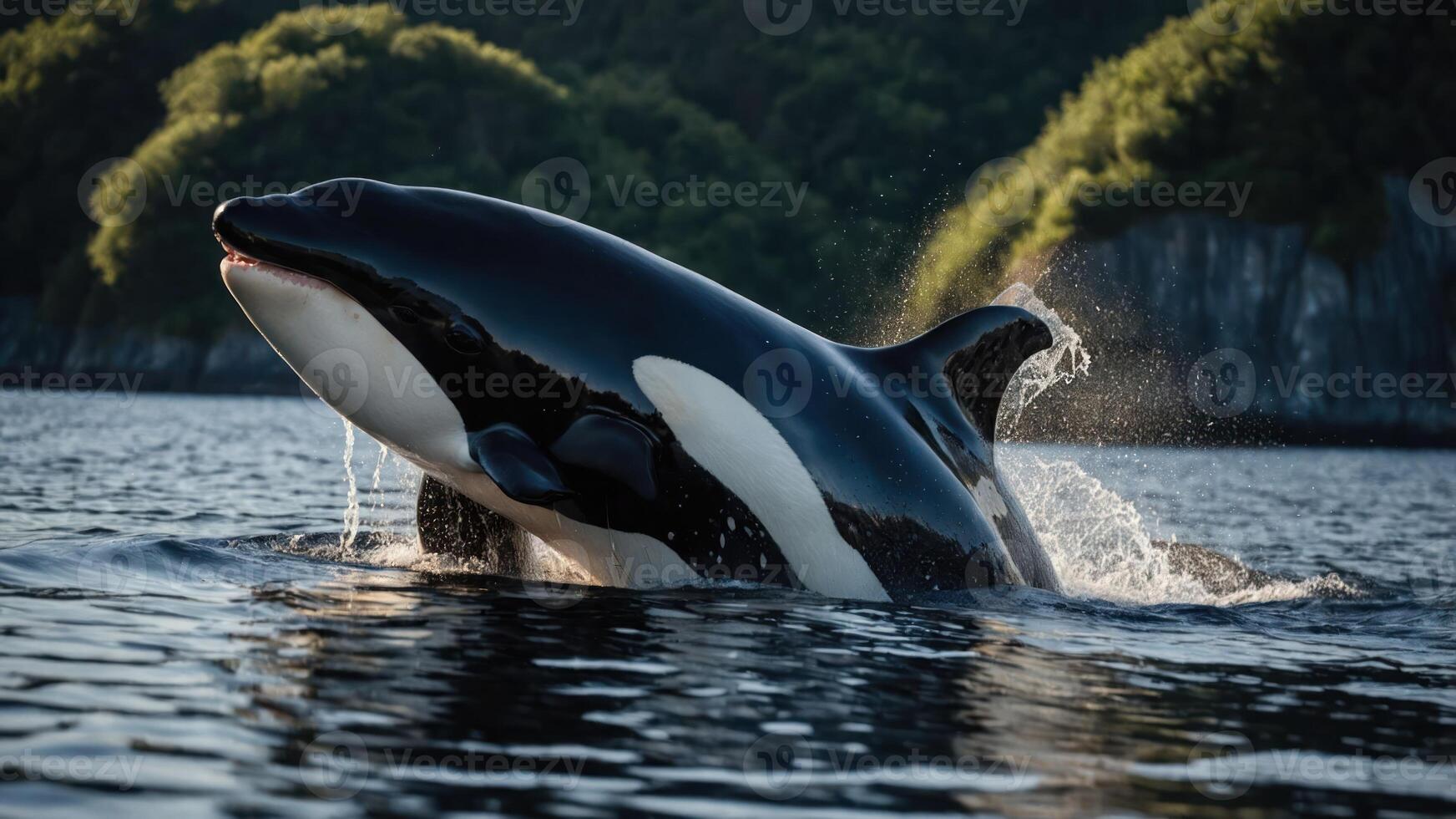 A majestic orca breaching the water's surface in a serene natural setting. photo