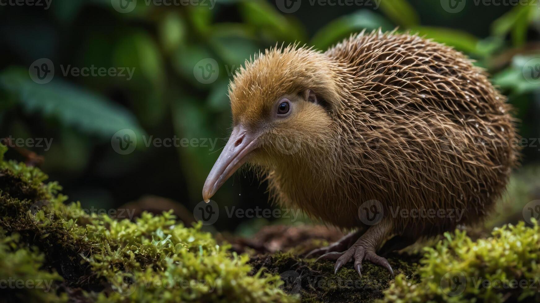 A close-up of a fluffy, brown kiwi bird perched on moss in a lush environment. photo
