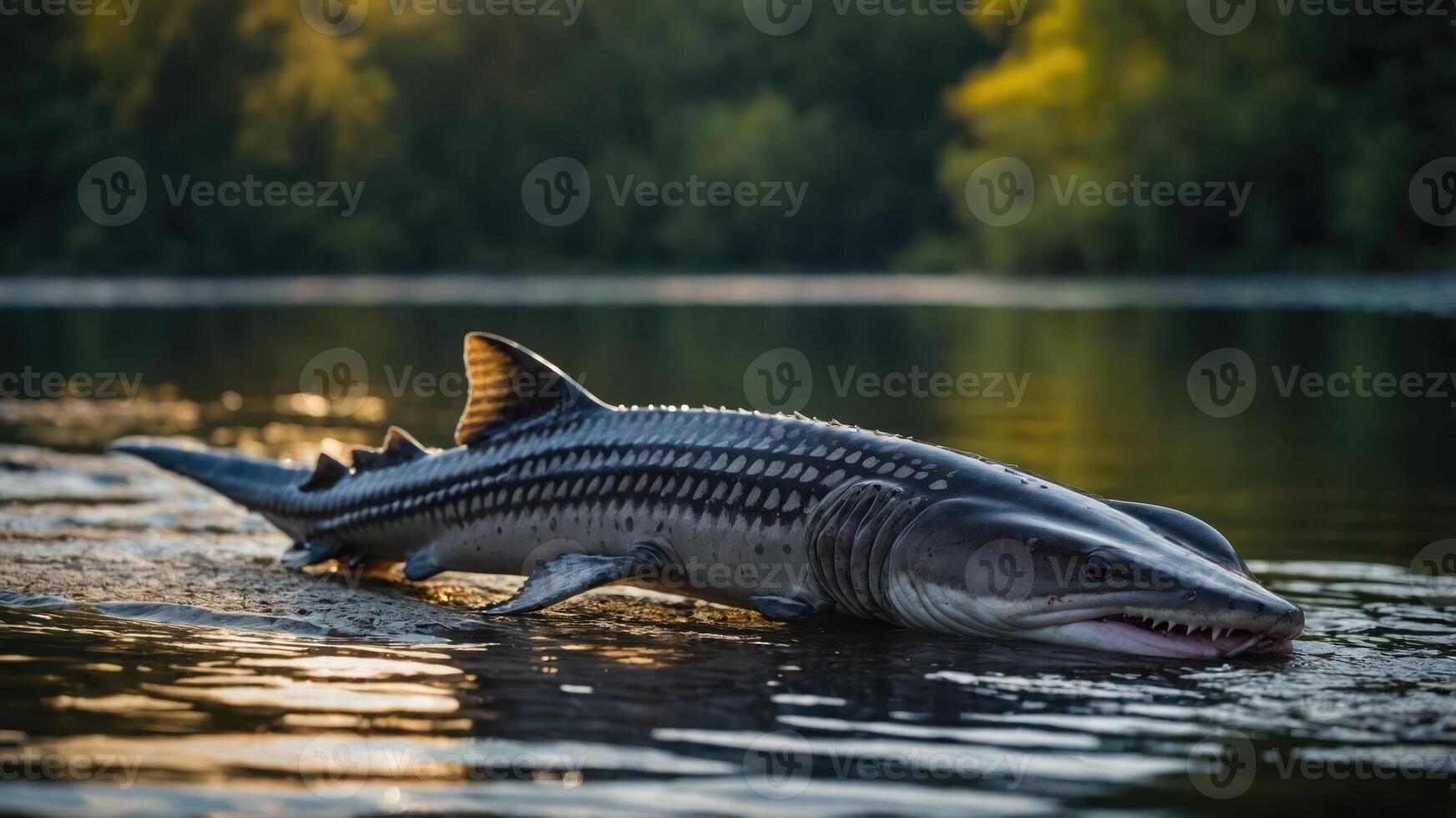 A sturgeon swims gracefully in a calm river at sunset, showcasing its unique features. photo