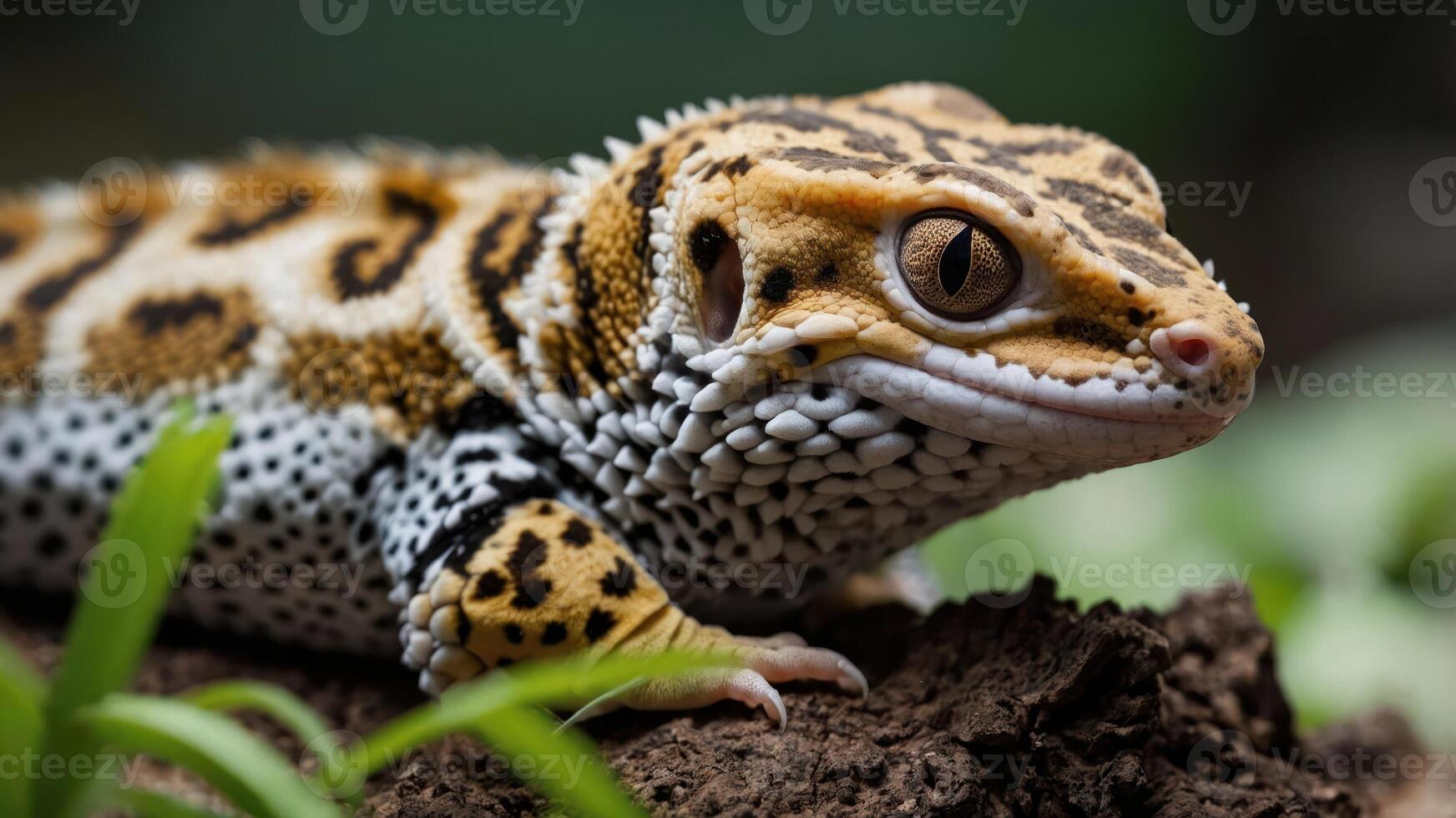 A close-up of a leopard gecko showcasing its unique patterns and textures. photo