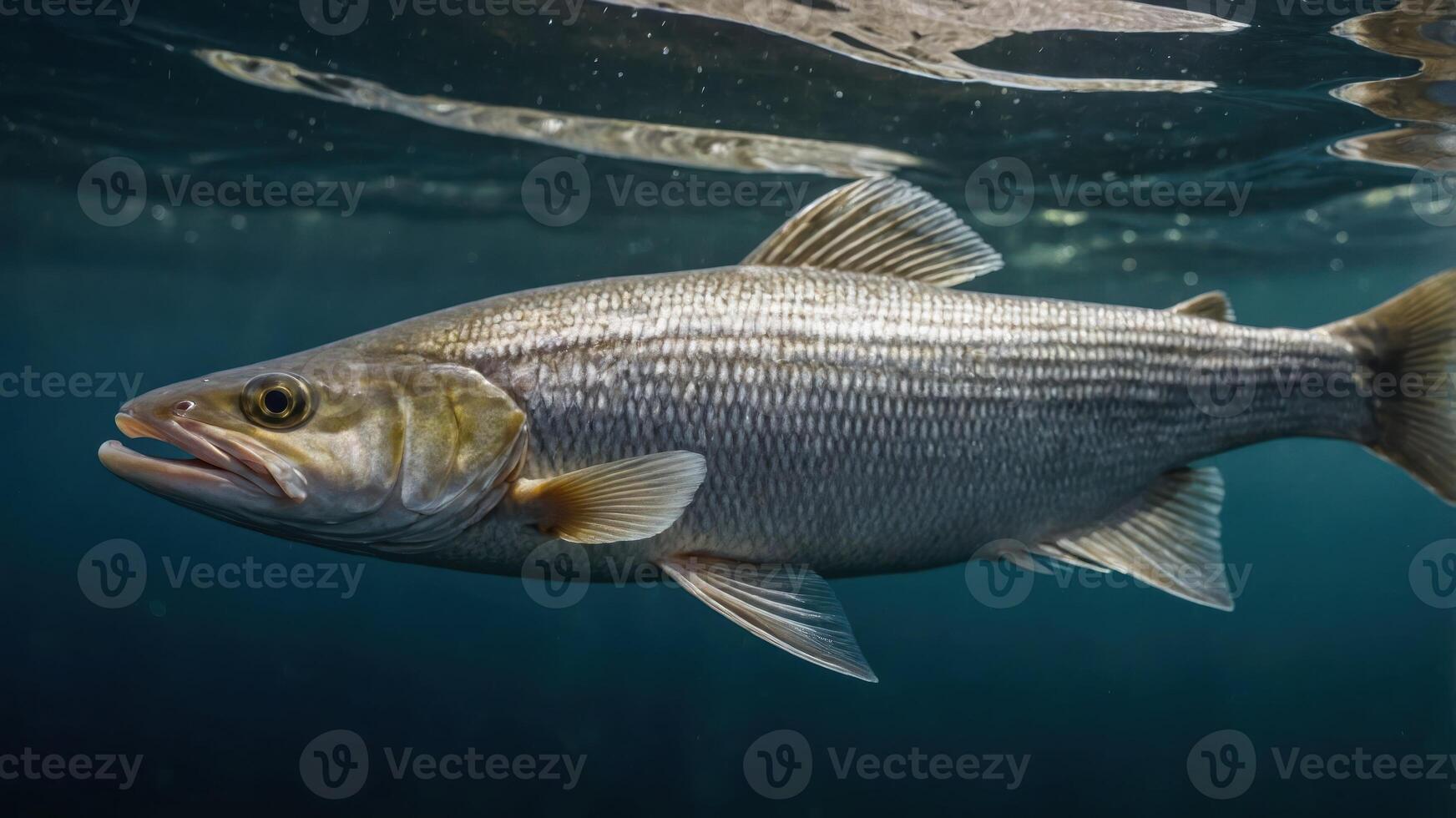 A close-up view of a fish swimming underwater, showcasing its scales and fins. photo