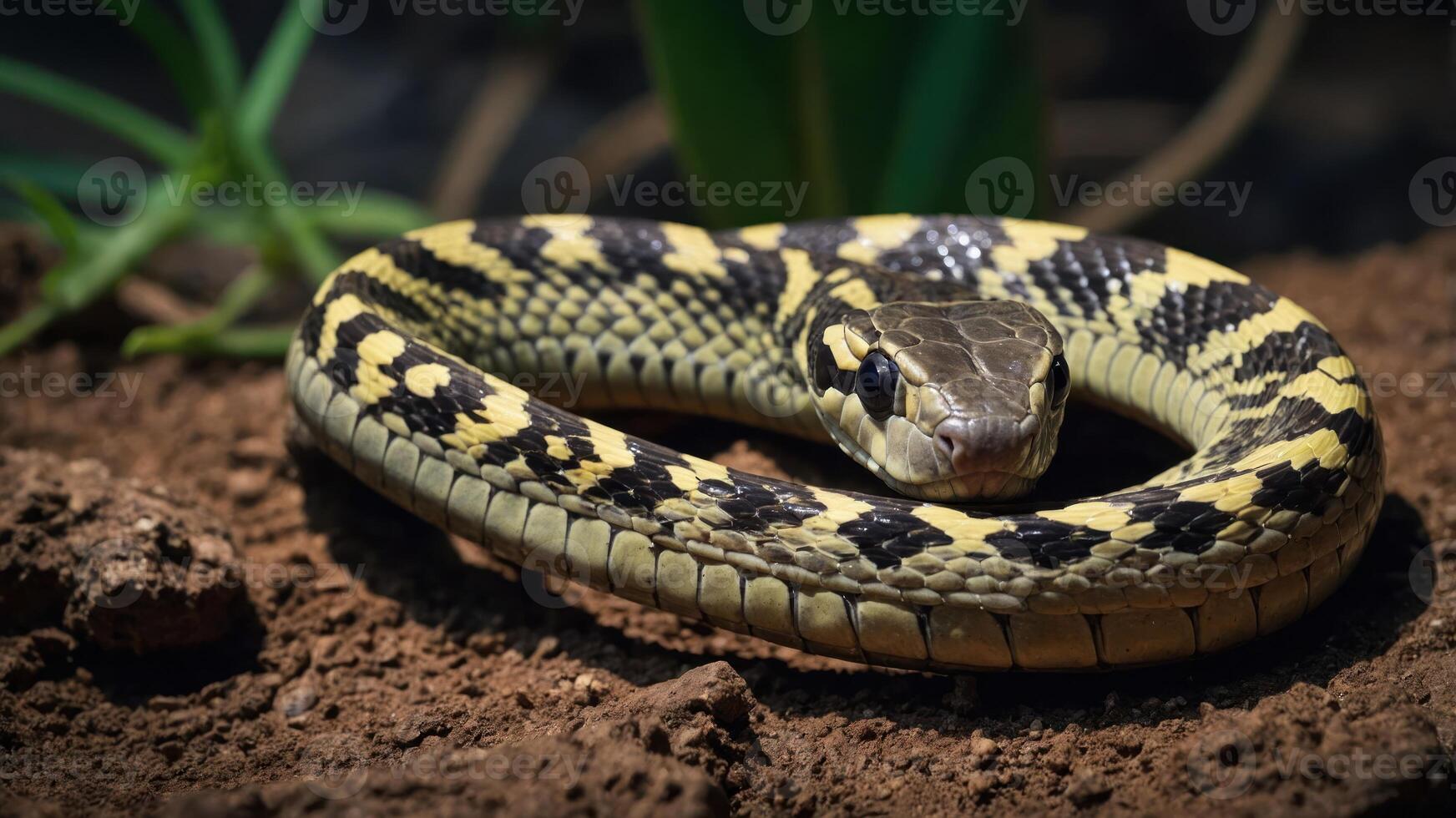 A close-up of a coiled snake resting on the ground among vegetation. photo