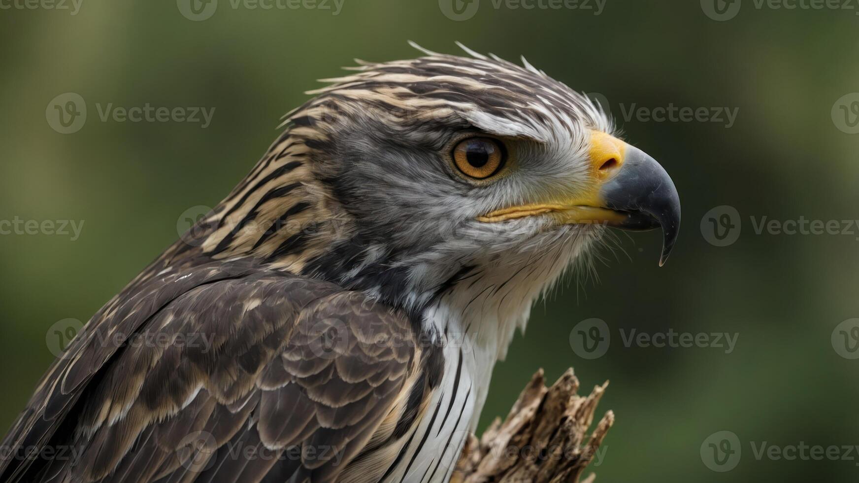 A close-up of a hawk showcasing its sharp features and striking plumage. photo