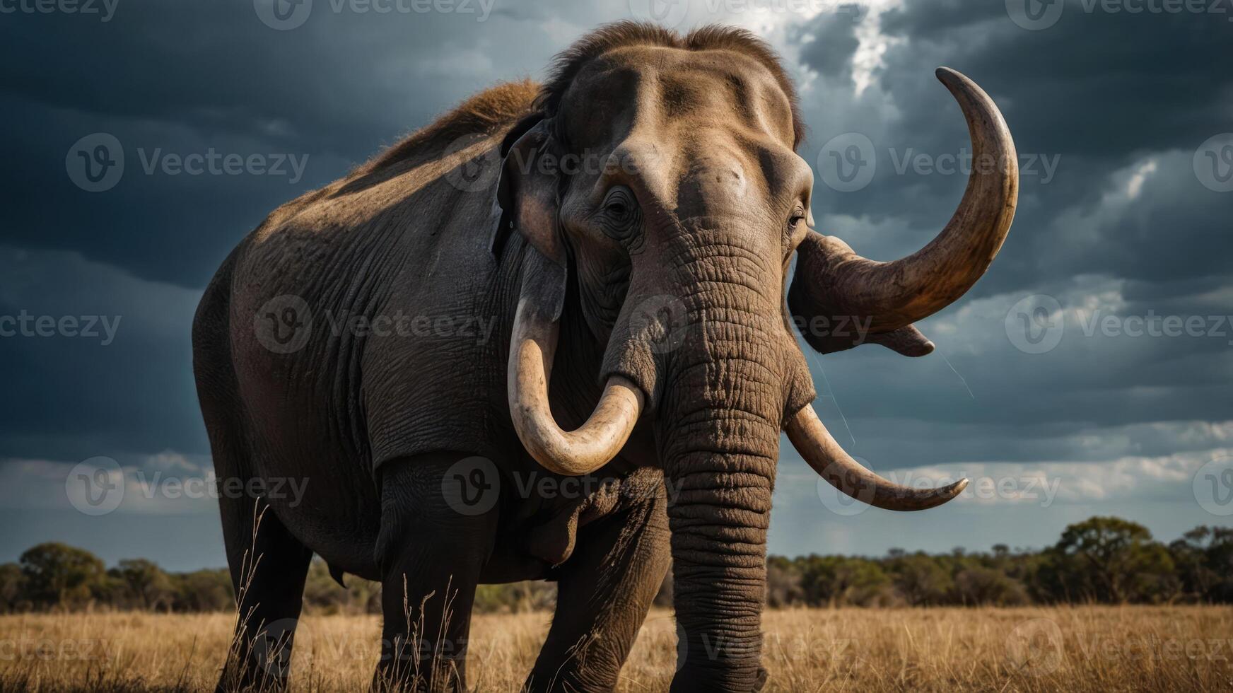 A majestic elephant stands in a golden grassland under a dramatic sky. photo