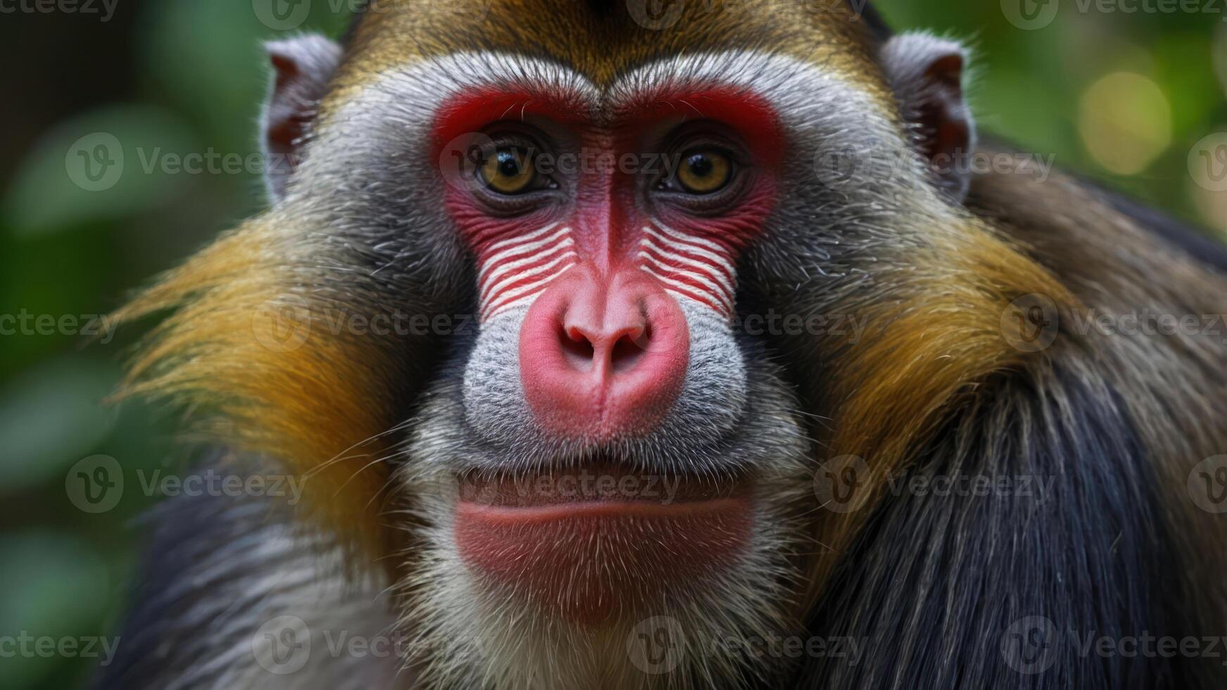 Close-up portrait of a mandrill with vibrant colors and expressive features. photo