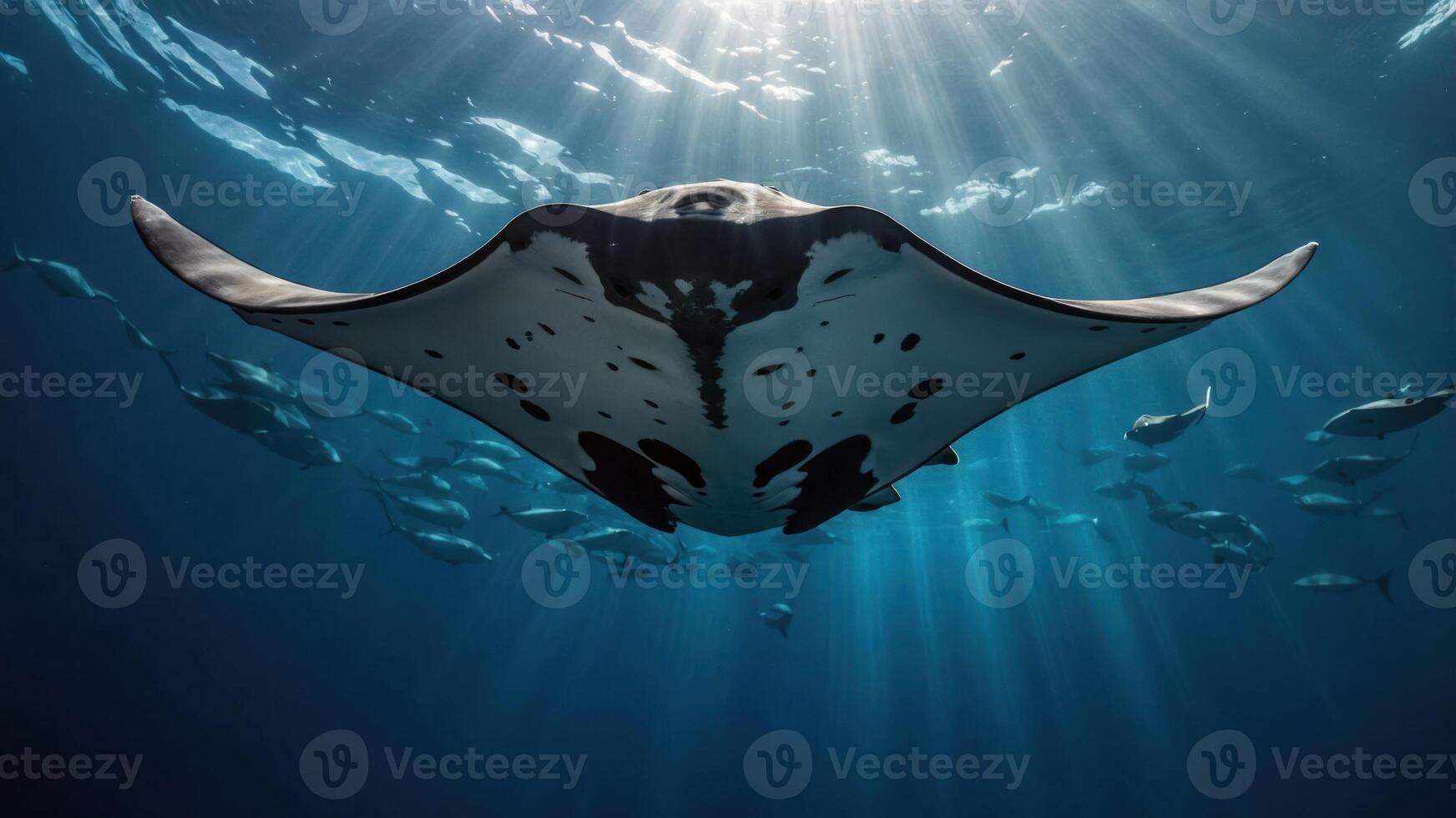 A majestic manta ray gliding gracefully through sunlit waters. photo